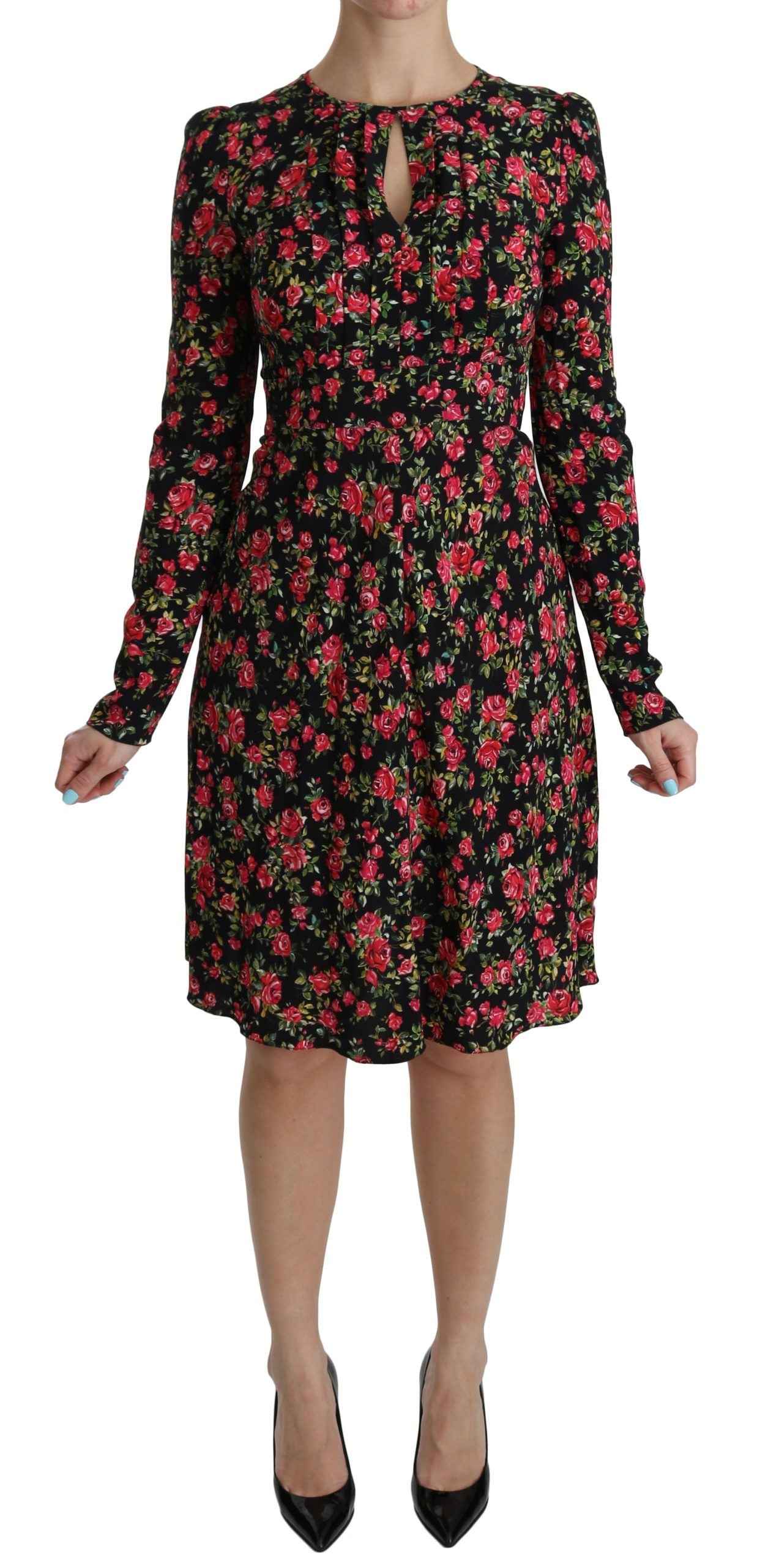 Dolce & Gabbana Black Floral Longsleeve Knee Length Dress LUNESCAPE