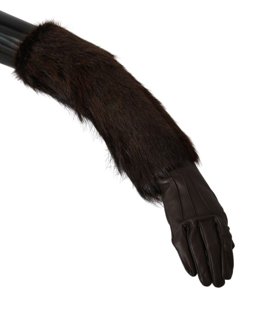 Dolce & Gabbana Brown Elbow Length Mittens Leather Fur Gloves LUNESCAPE