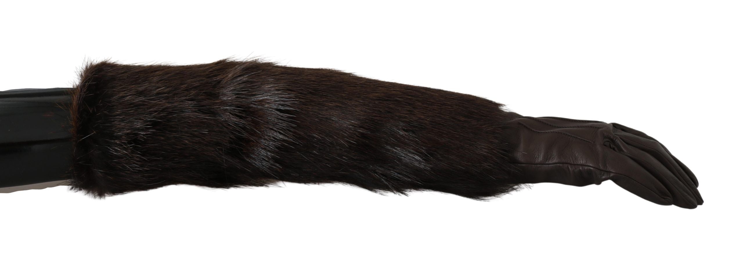 Dolce & Gabbana Brown Elbow Length Mittens Leather Fur Gloves LUNESCAPE
