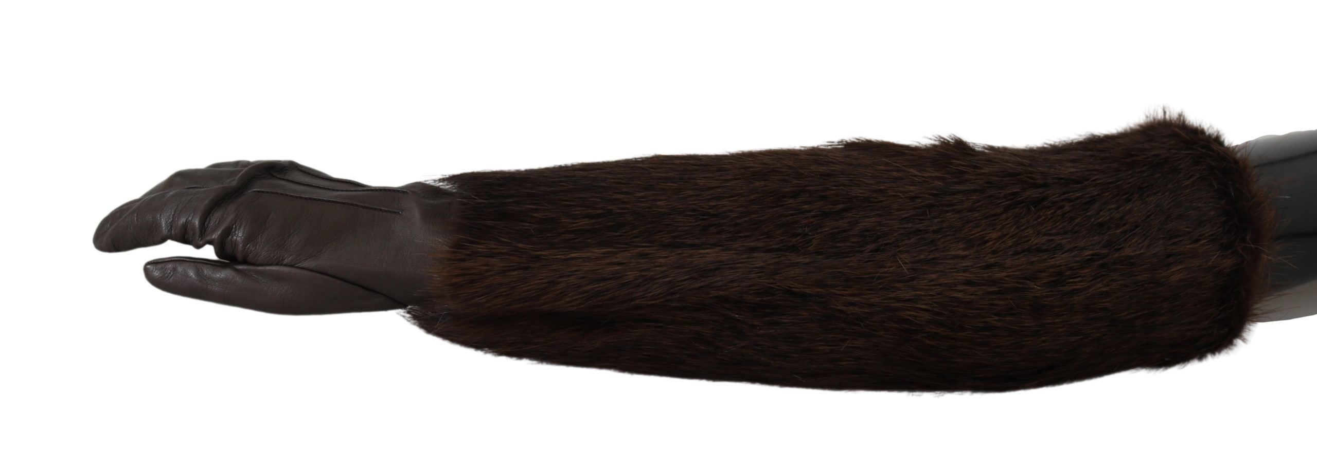 Dolce & Gabbana Brown Elbow Length Mittens Leather Fur Gloves LUNESCAPE