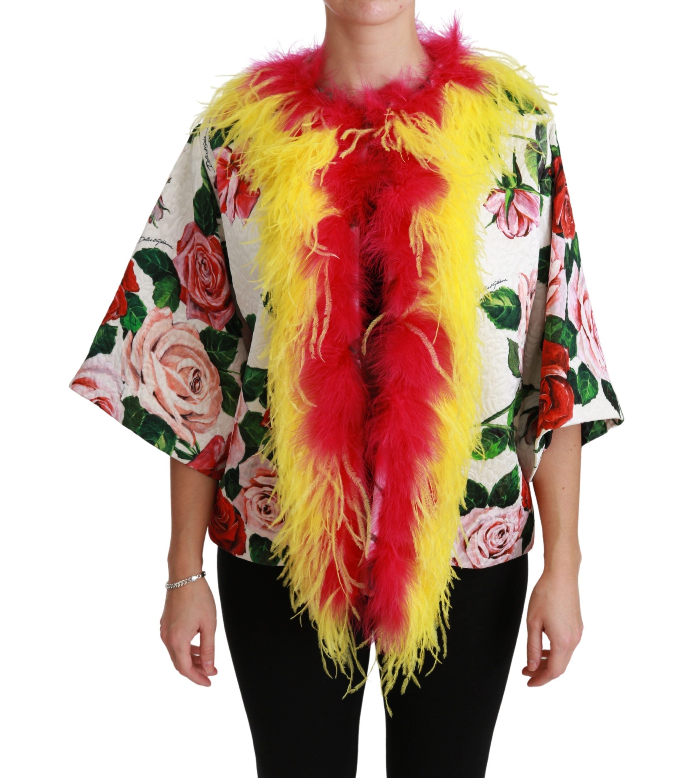 Dolce & Gabbana Elegant Floral Cape Jacket with Fur Details LUNESCAPE