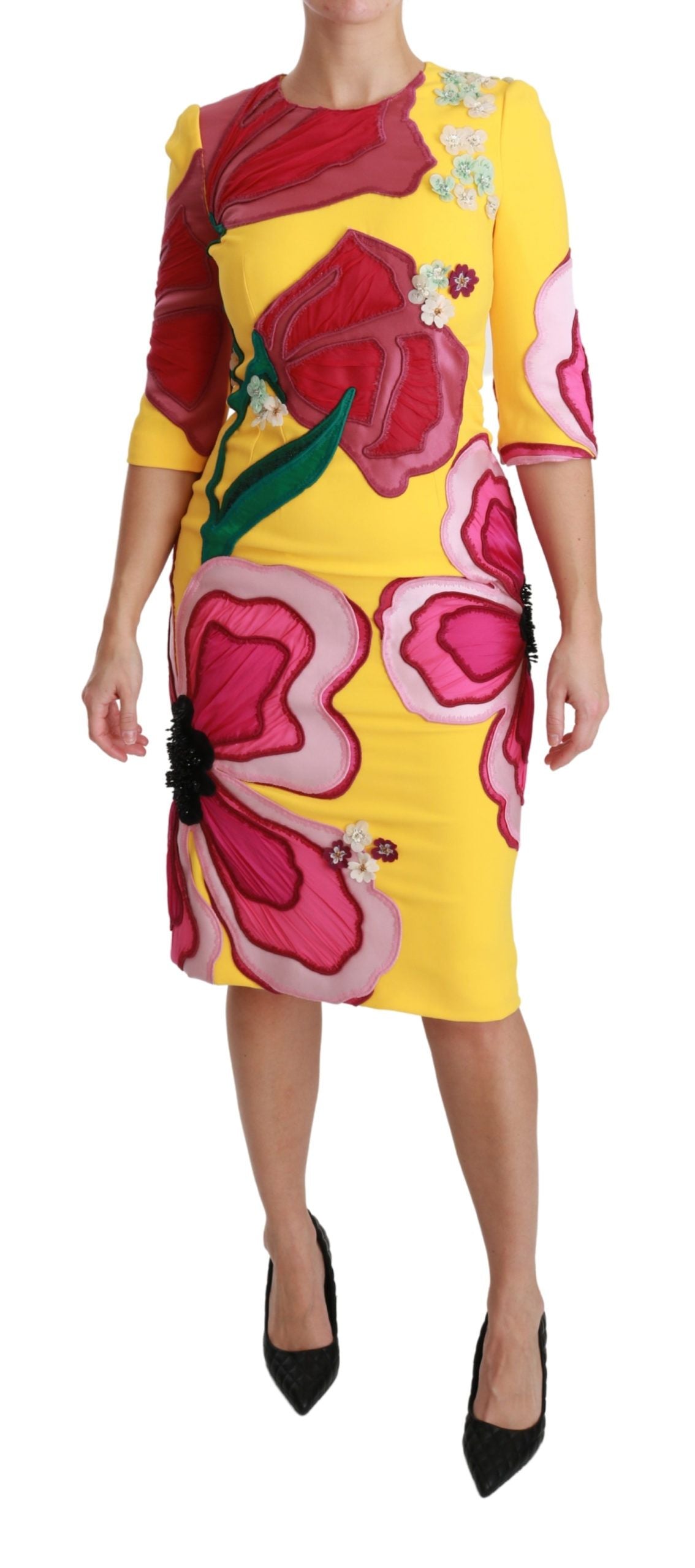 Dolce & Gabbana Yellow Floral Crystal Bodycon Sheath Dress LUNESCAPE