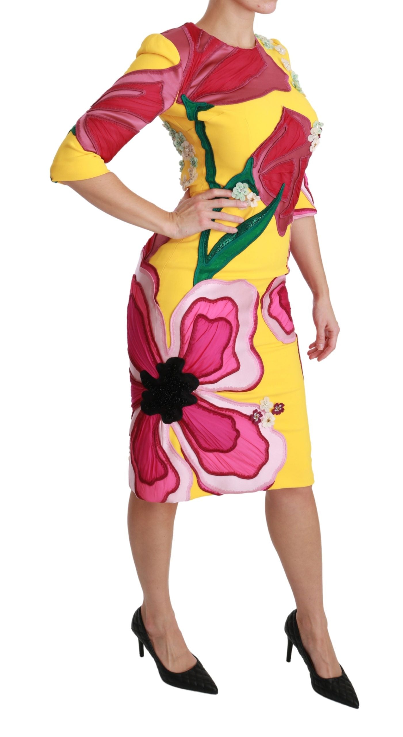 Dolce & Gabbana Yellow Floral Crystal Bodycon Sheath Dress LUNESCAPE
