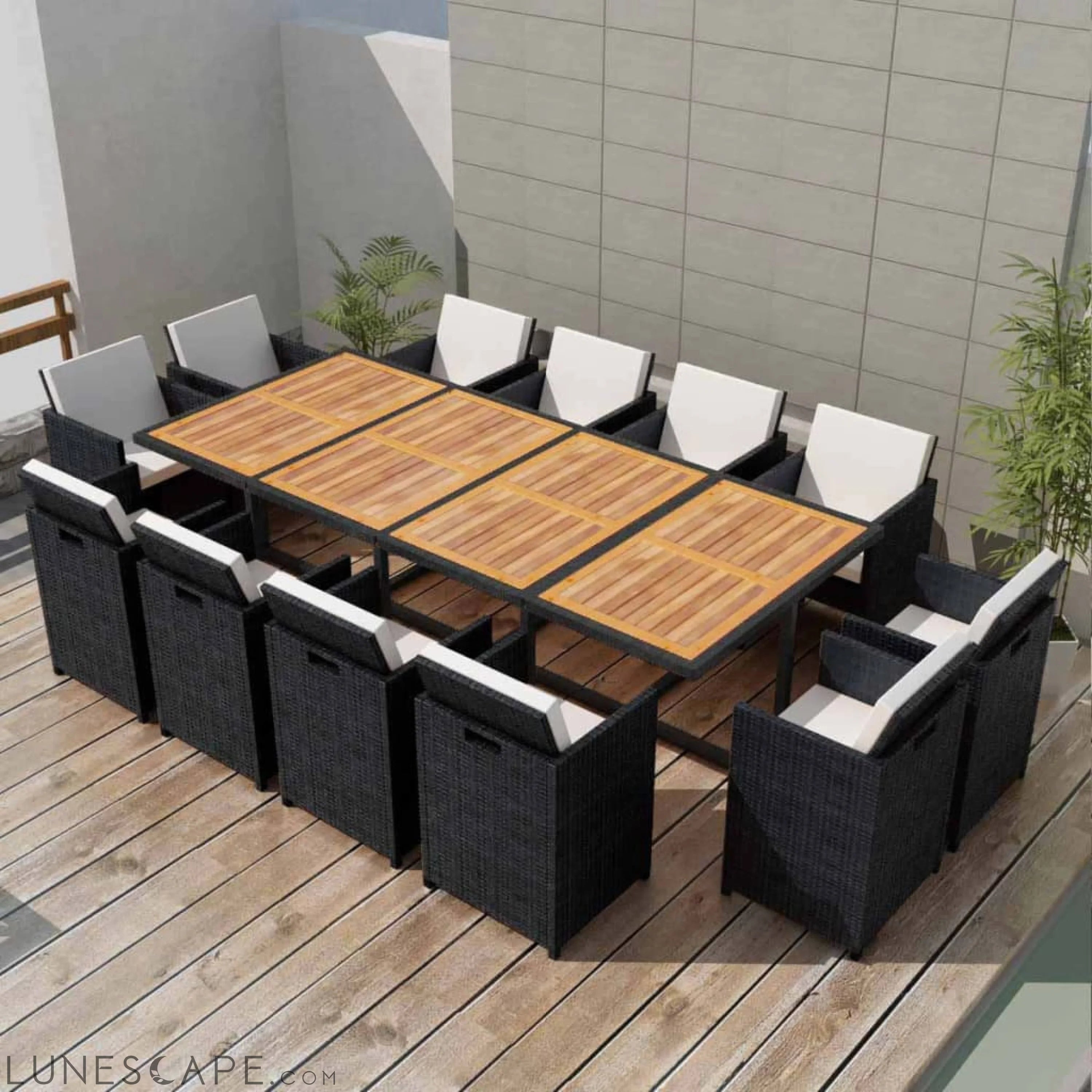 13 Piece Outdoor Dining Set with Cushions Poly Rattan Black LUNESCAPE