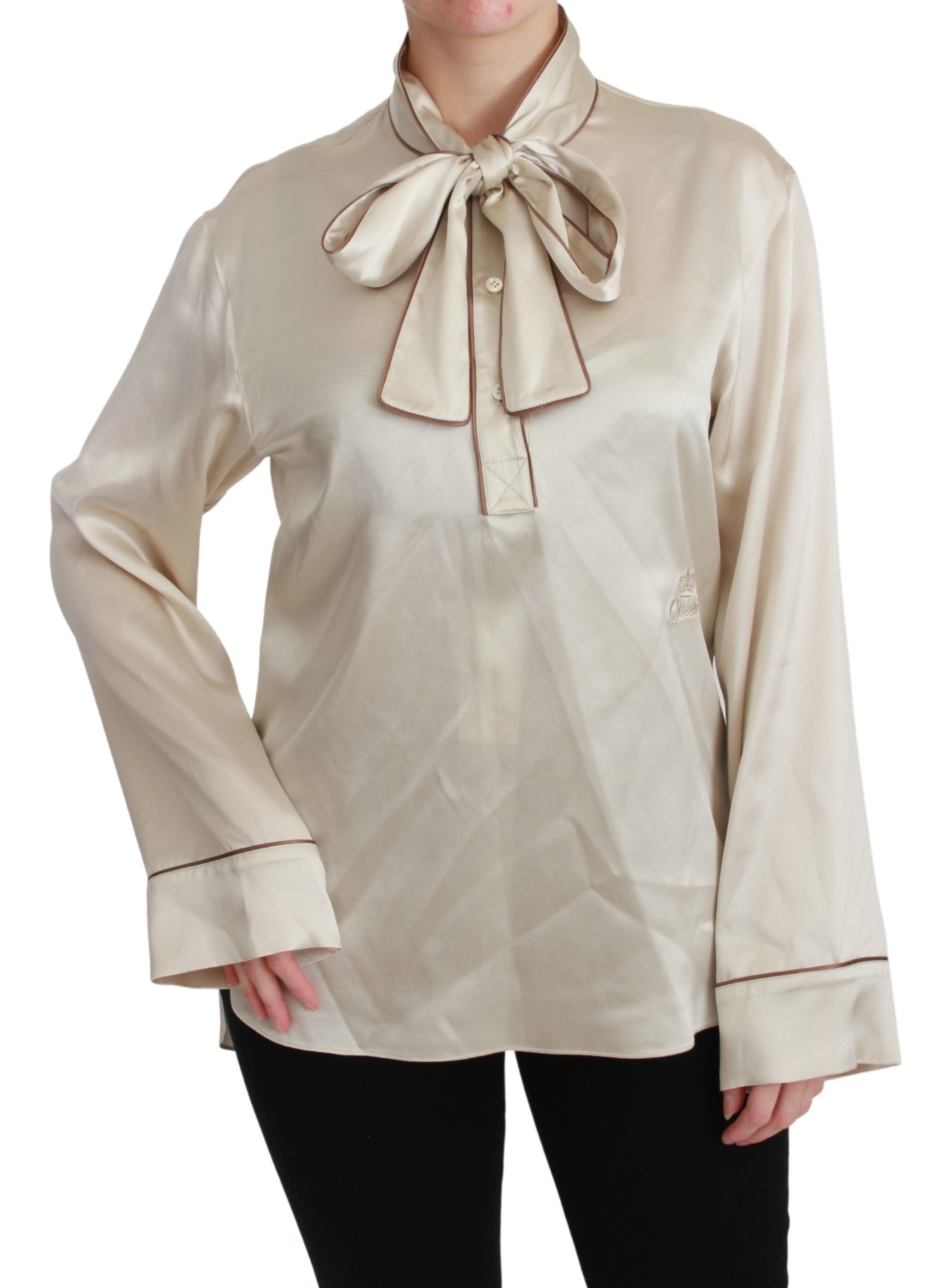 Dolce & Gabbana Elegant Beige Silk Satin Blouse with QUEEN Embroidery LUNESCAPE