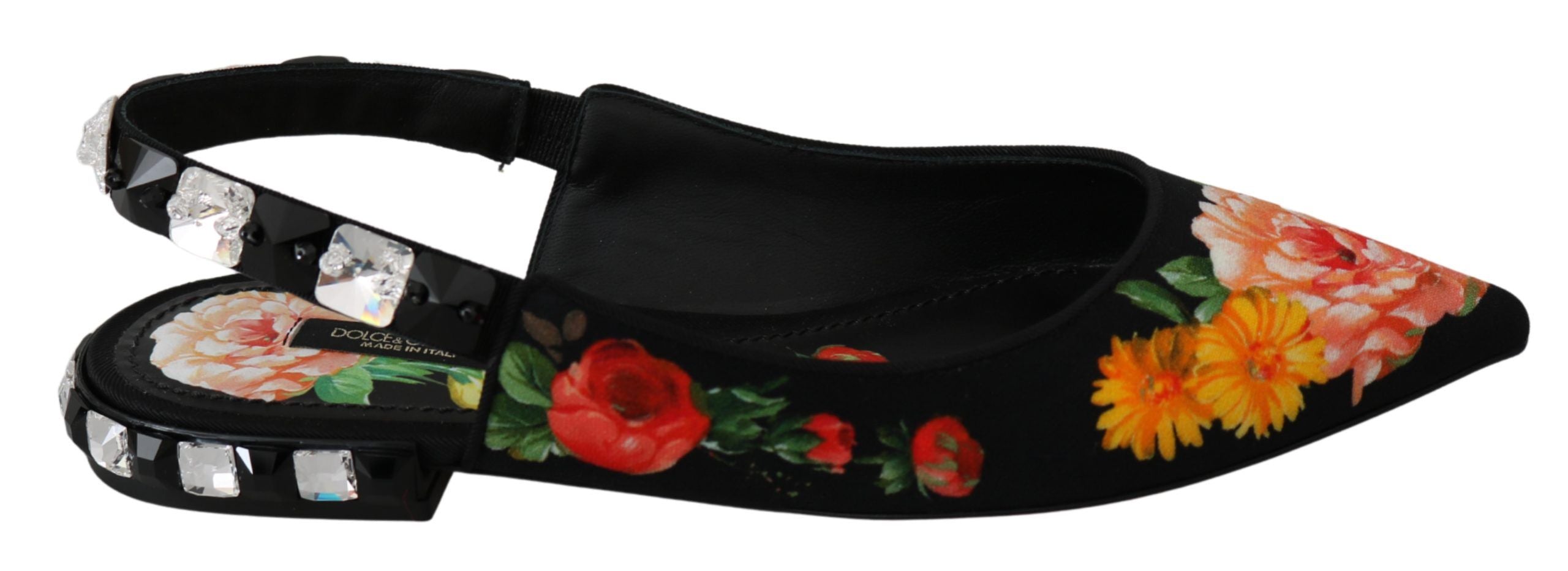 Dolce & Gabbana Black Floral Crystal Slingbacks Flats Shoes LUNESCAPE