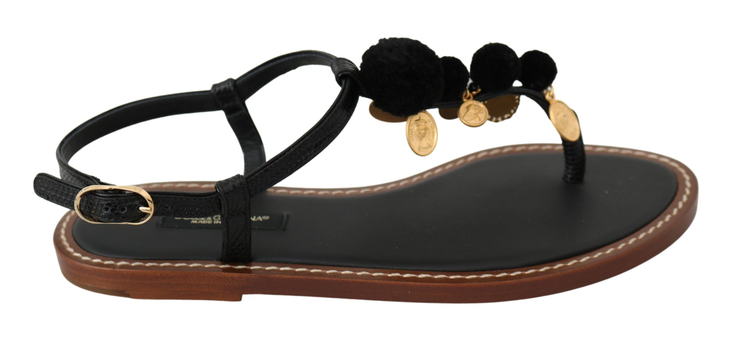 Dolce & Gabbana Black Leather Coins Flip Flops Sandals Shoes LUNESCAPE