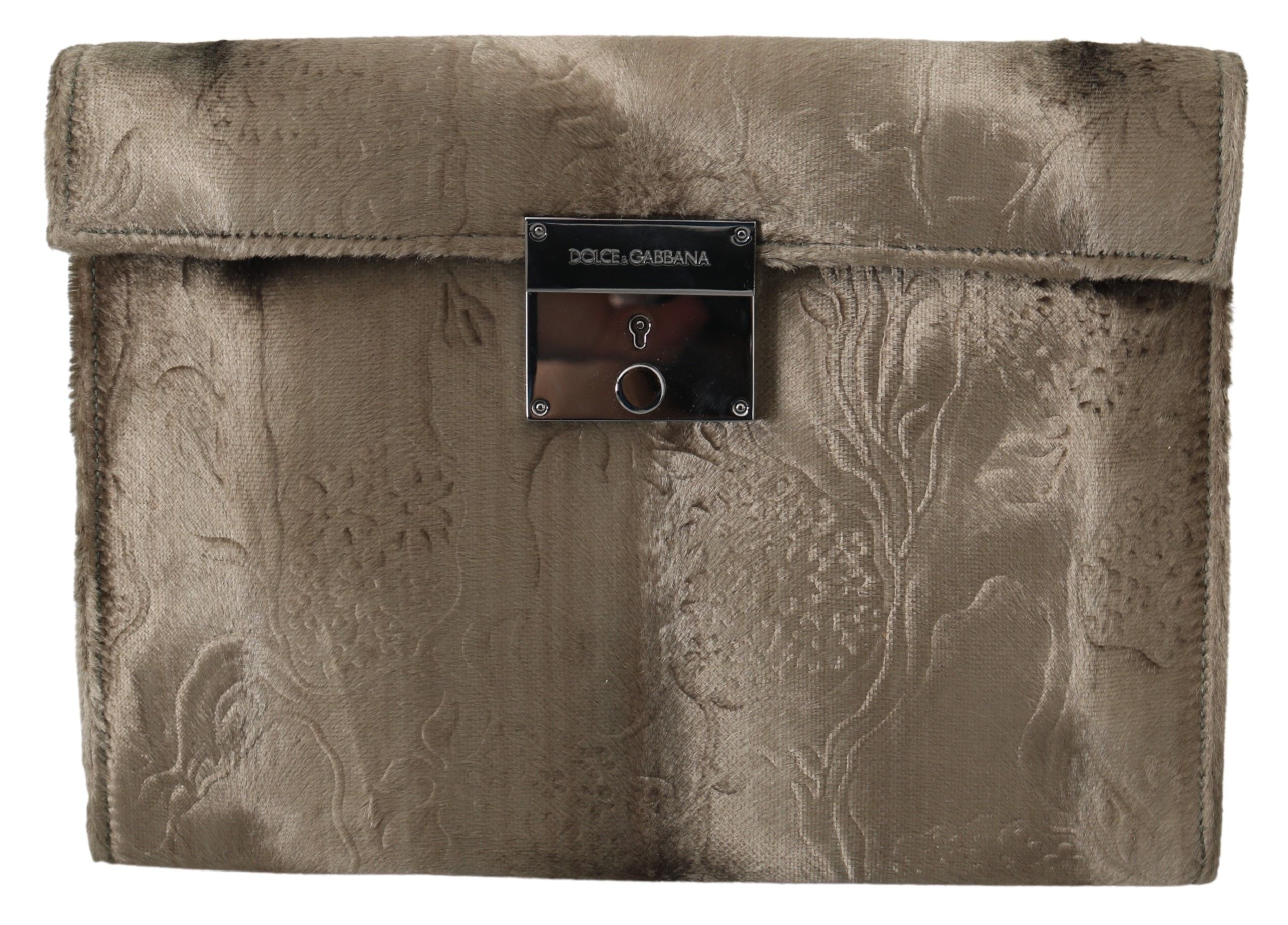 Dolce & Gabbana Beige Velvet Croco-Print Leather Briefcase Clutch LUNESCAPE