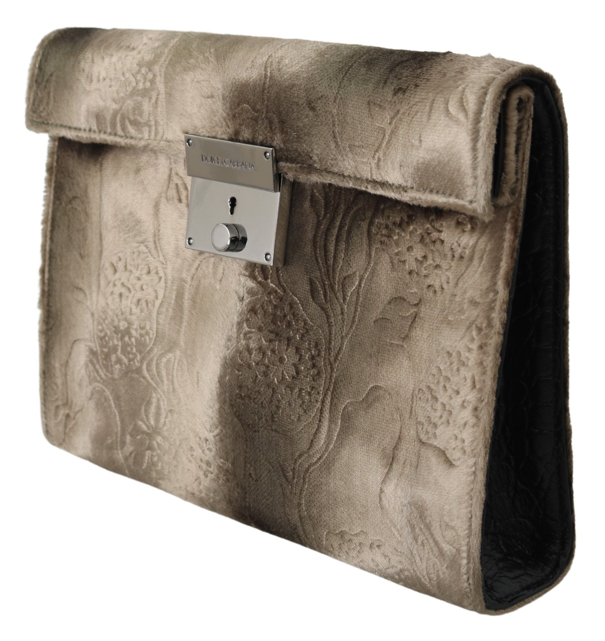 Dolce & Gabbana Beige Velvet Croco-Print Leather Briefcase Clutch LUNESCAPE