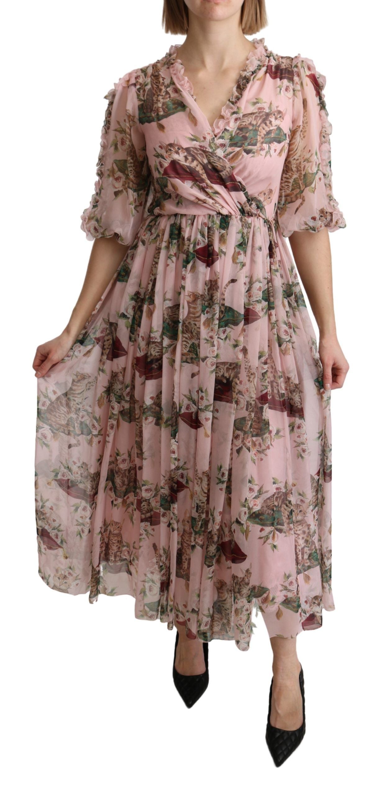 Dolce & Gabbana Elegant Pink Bengal Cat Print A-Line Maxi Dress LUNESCAPE
