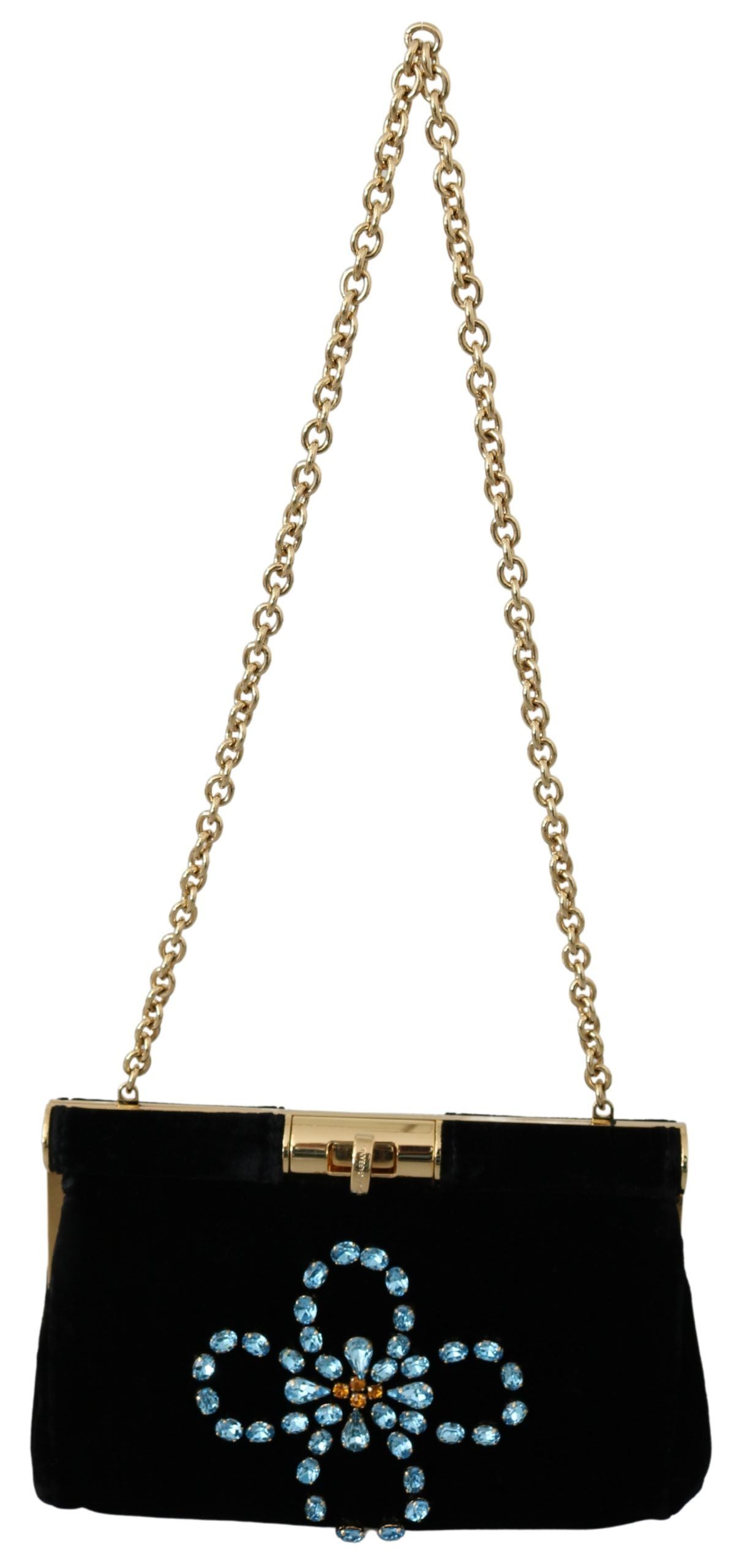 Dolce & Gabbana Black Velvet Crystal Studs Women Crossbody Sling Borse Bag LUNESCAPE