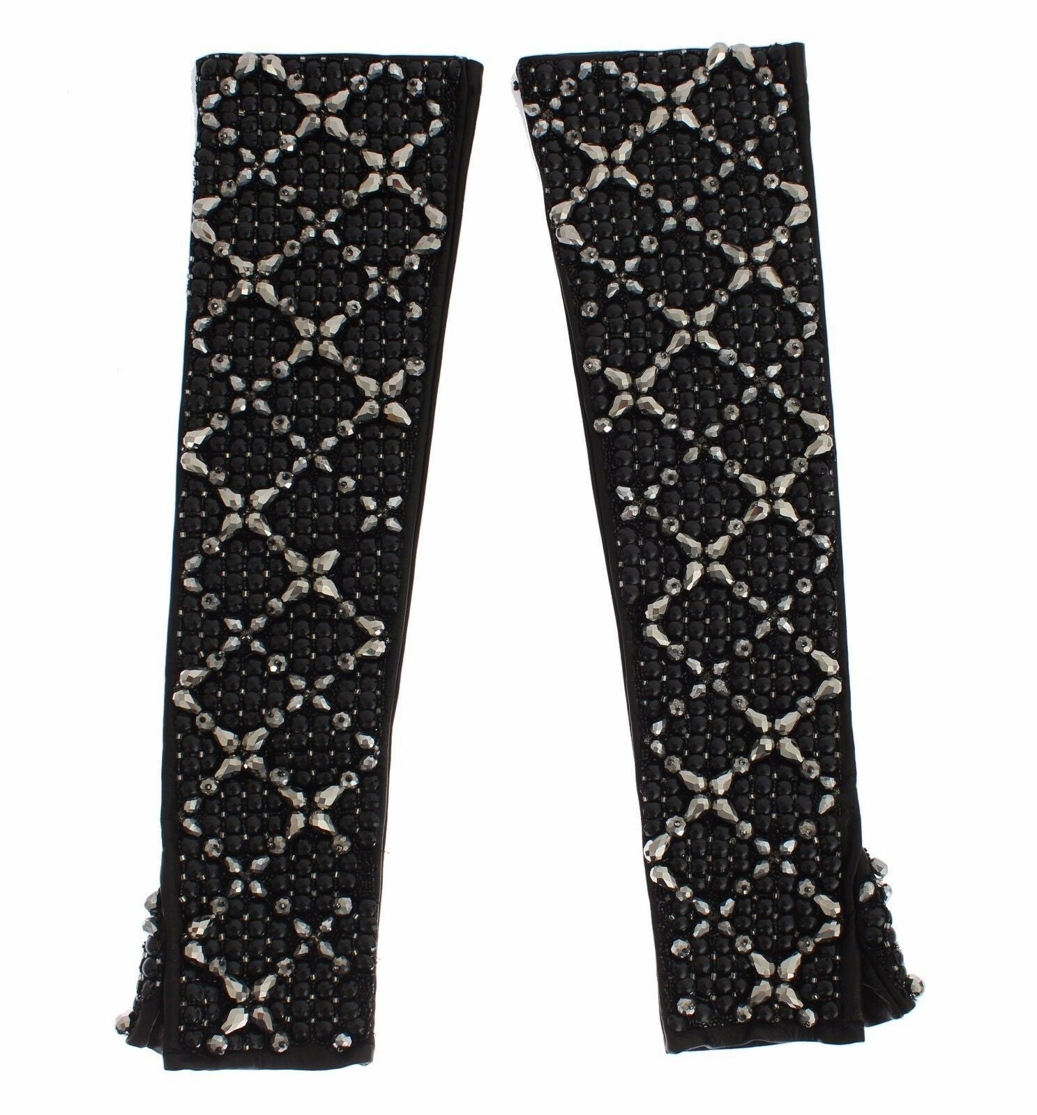 Dolce & Gabbana Black Leather Crystal Beaded Finger Free Gloves LUNESCAPE