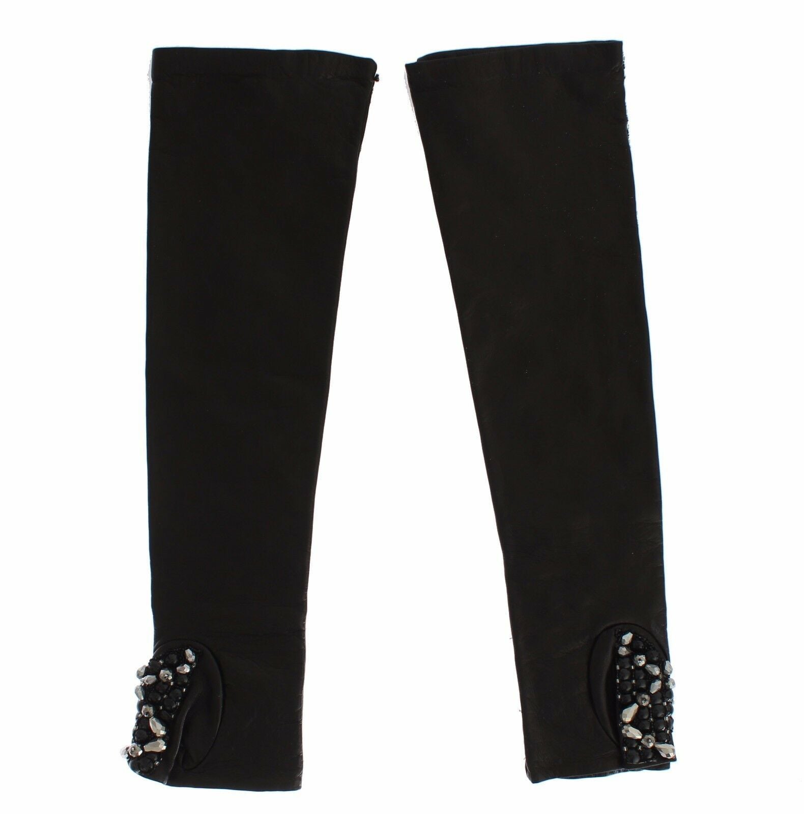Dolce & Gabbana Black Leather Crystal Beaded Finger Free Gloves LUNESCAPE