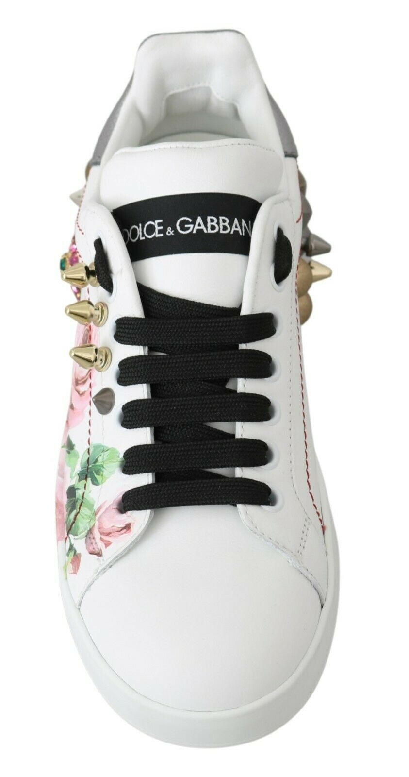 Dolce & Gabbana White Leather Crystal Roses Floral Sneakers Shoes LUNESCAPE