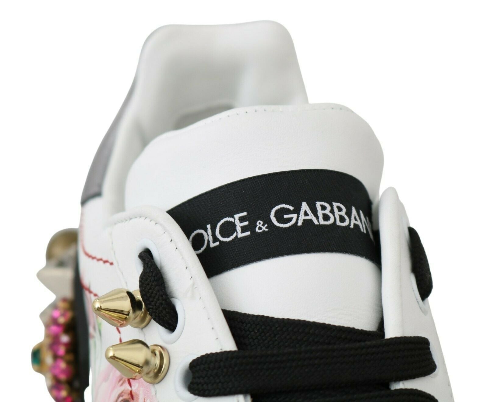 Dolce & Gabbana White Leather Crystal Roses Floral Sneakers Shoes LUNESCAPE
