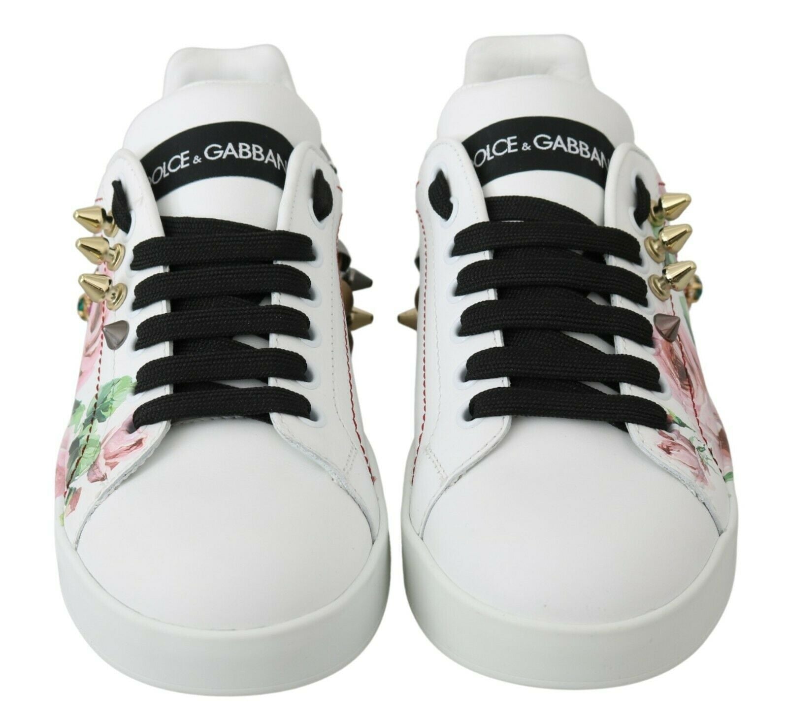 Dolce & Gabbana White Leather Crystal Roses Floral Sneakers Shoes LUNESCAPE