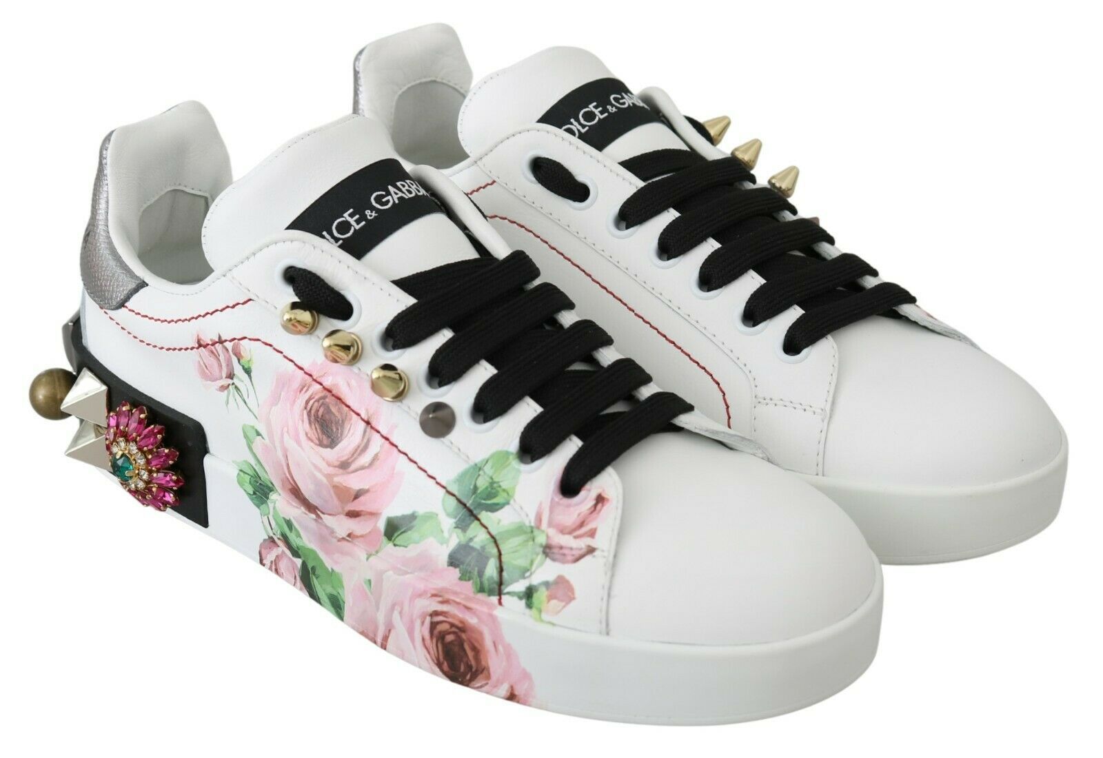 Dolce & Gabbana White Leather Crystal Roses Floral Sneakers Shoes LUNESCAPE