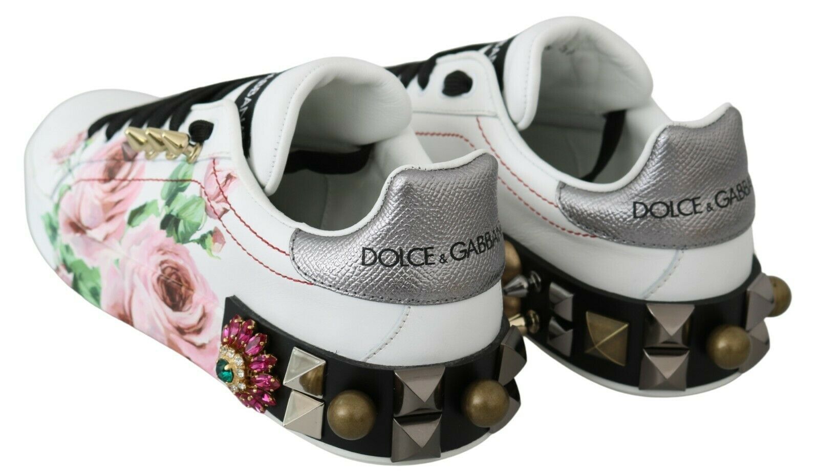 Dolce & Gabbana White Leather Crystal Roses Floral Sneakers Shoes LUNESCAPE