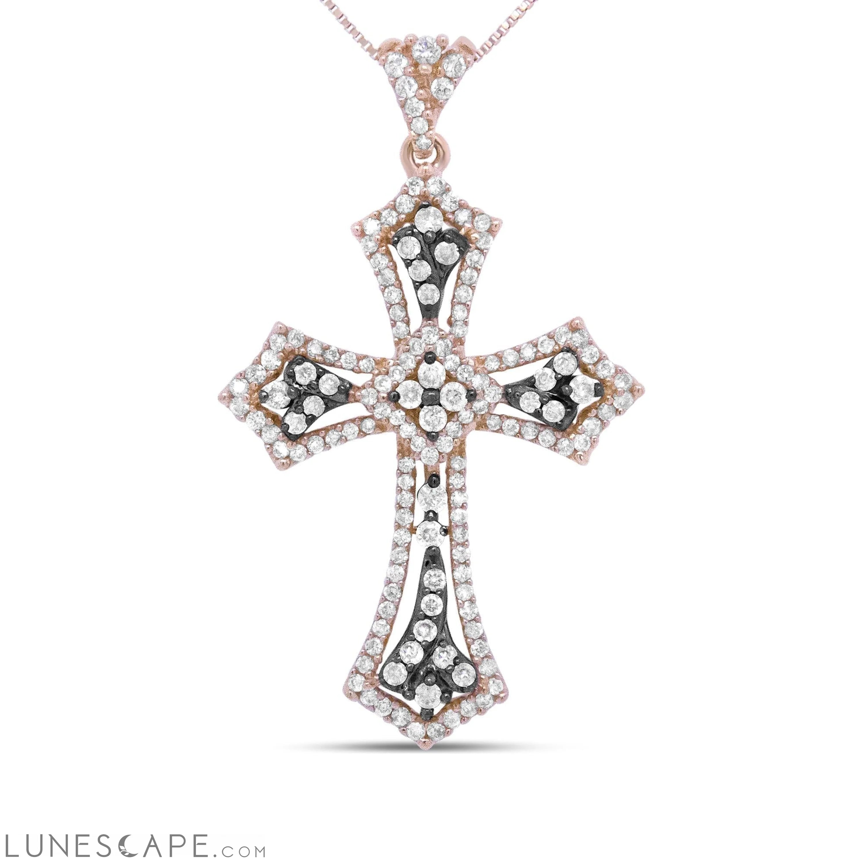 14K Rose Gold and Black Rhodium 1.0 Cttw Diamond Ornate Vintage St. James Budded Cross Pendant 18" Necklace - (Brown/H-I Color) LUNESCAPE