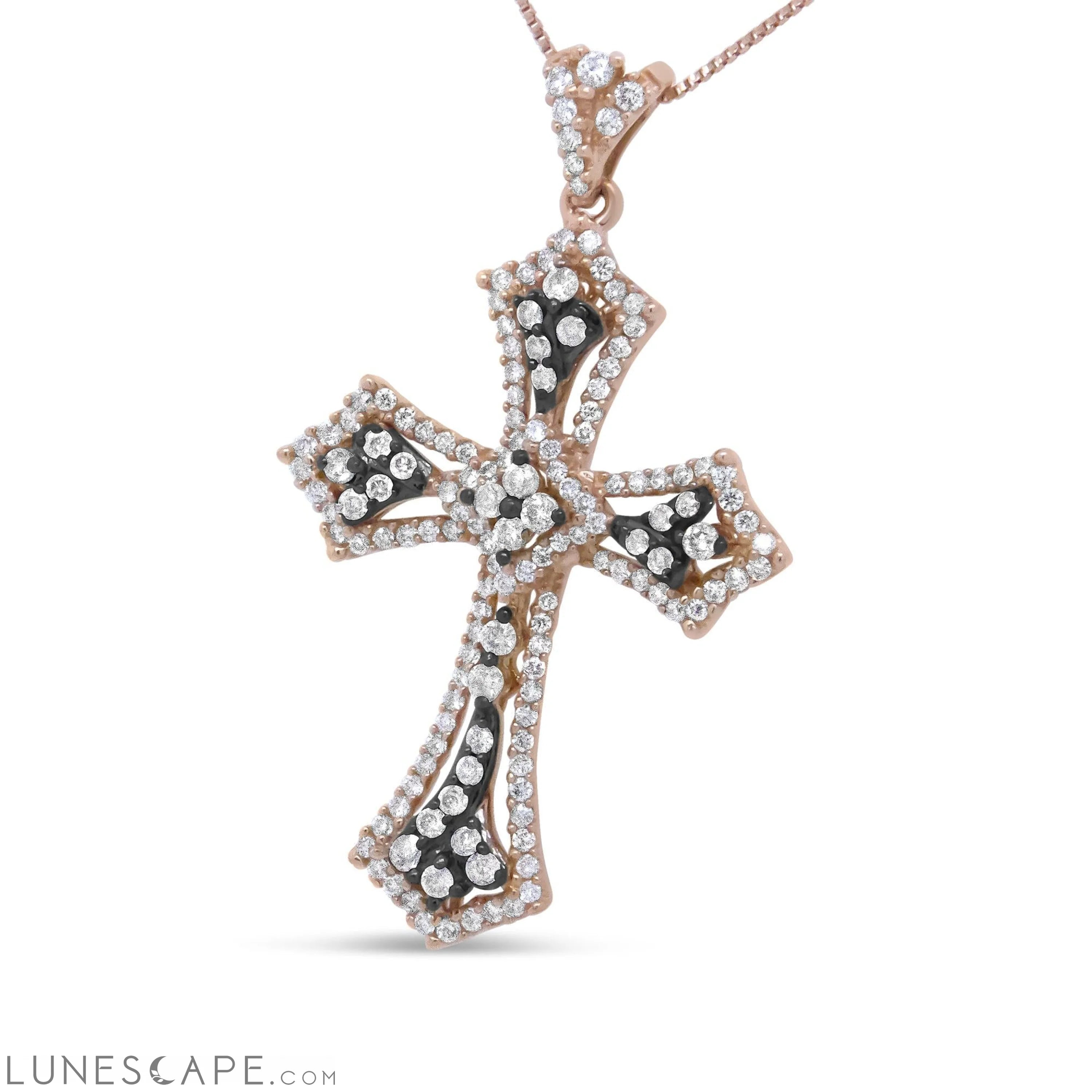 14K Rose Gold and Black Rhodium 1.0 Cttw Diamond Ornate Vintage St. James Budded Cross Pendant 18" Necklace - (Brown/H-I Color) LUNESCAPE