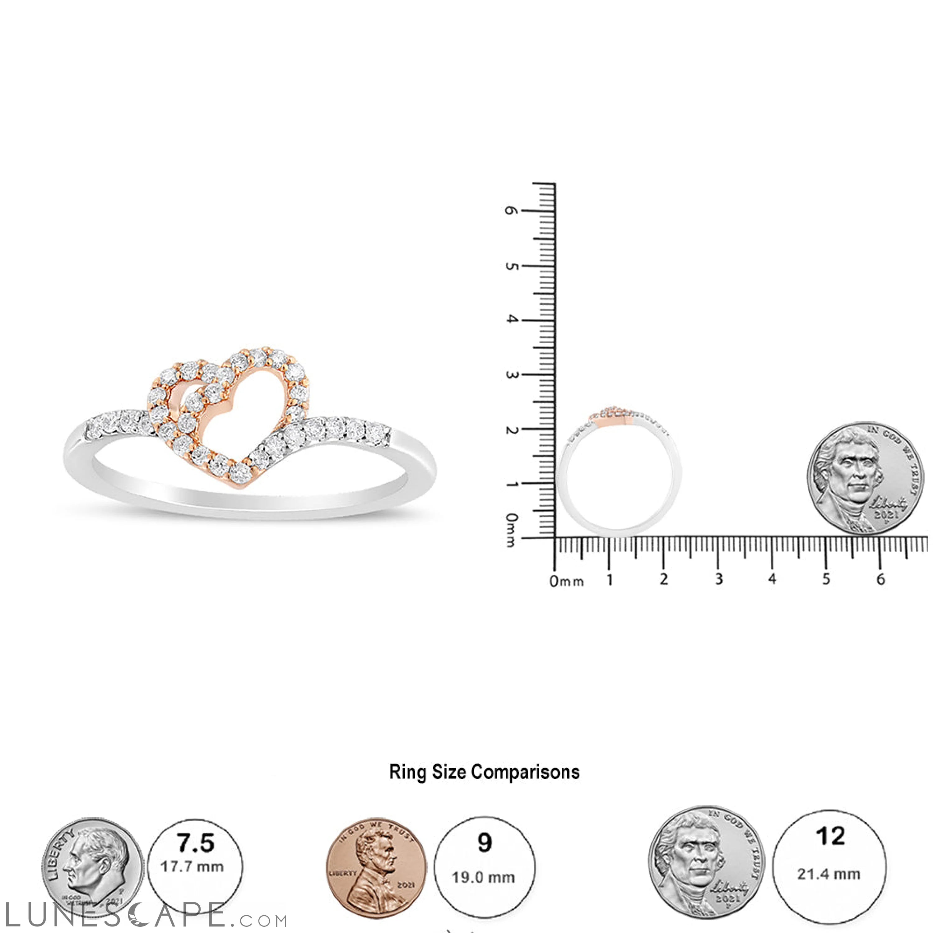 14K Rose Gold Plated and White .925 Sterling Silver 1/5 Cttw Round-Cut Diamond Open Heart Promise Ring (I-J Color, I2-I3 LUNESCAPE