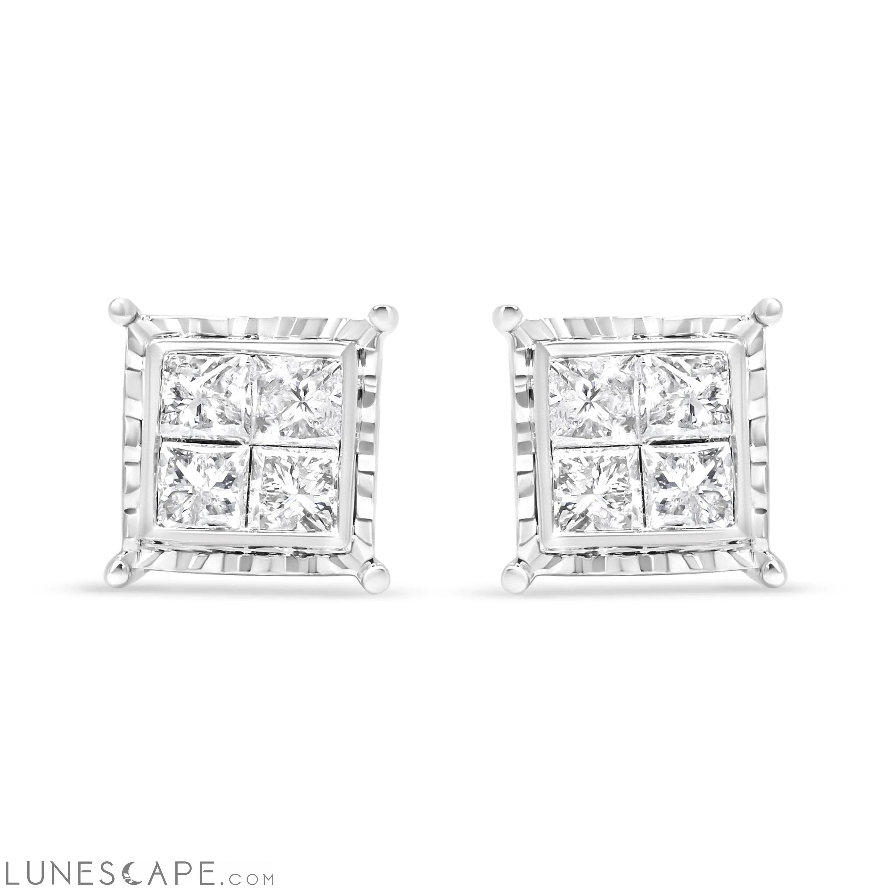 14K White Gold 1 1/2 Cttw Invisible Set Princess-Cut Diamond Contemporary Wavy Quad Stud Earrings (I-J Color, I1-I2 Clarity) LUNESCAPE
