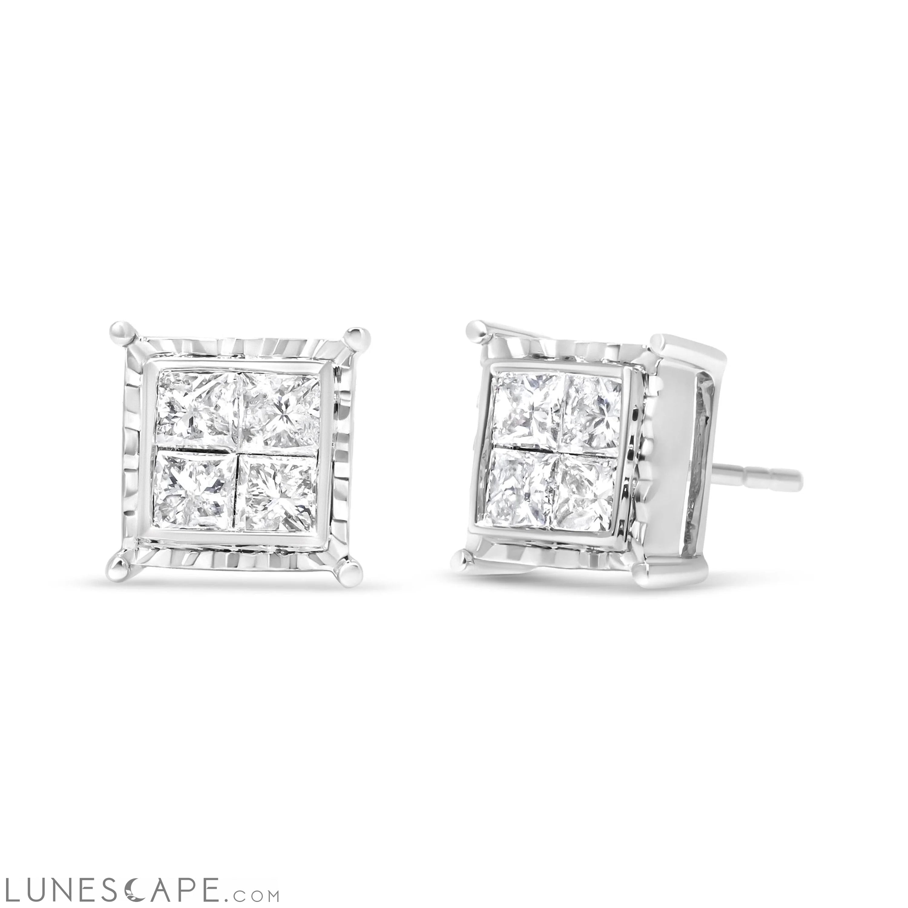14K White Gold 1 1/2 Cttw Invisible Set Princess-Cut Diamond Contemporary Wavy Quad Stud Earrings (I-J Color, I1-I2 Clarity) LUNESCAPE