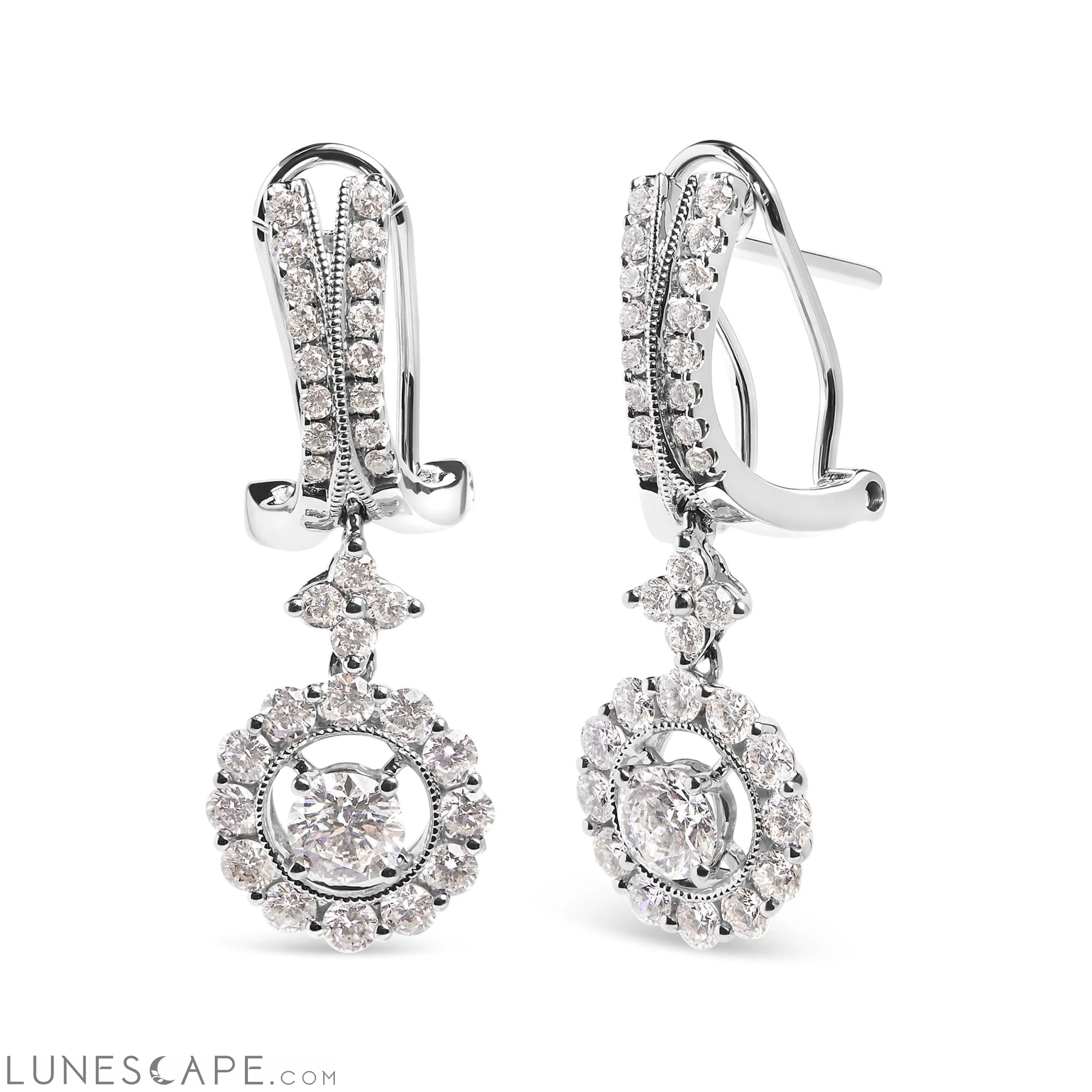 14K White Gold 1 7/8 Cttw Diamond Drop and Dangle Halo Earring With Omega Back (F-G Color, VS2-SI1) LUNESCAPE