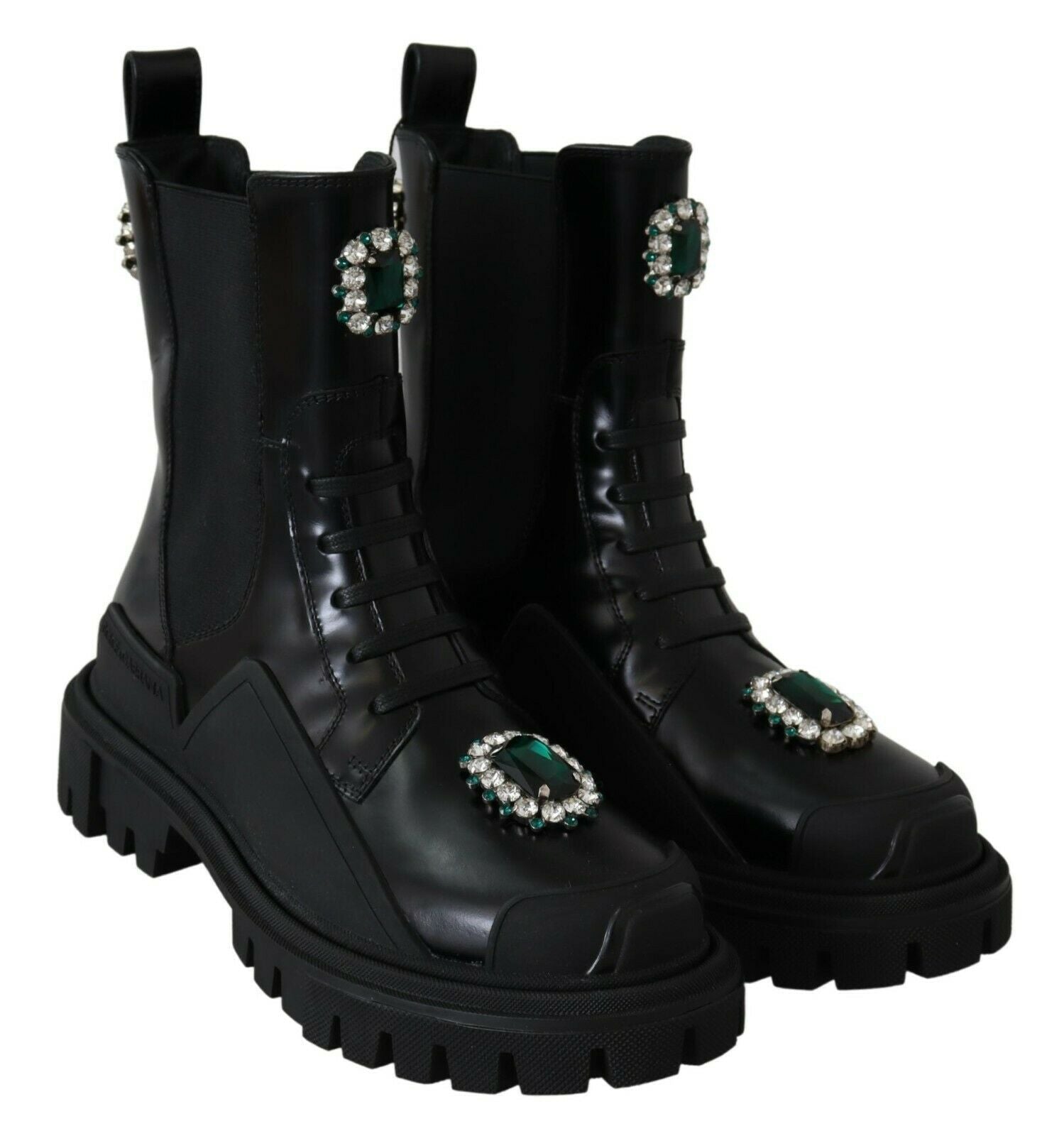 Dolce & Gabbana Black Leather Crystal Combat Boots LUNESCAPE