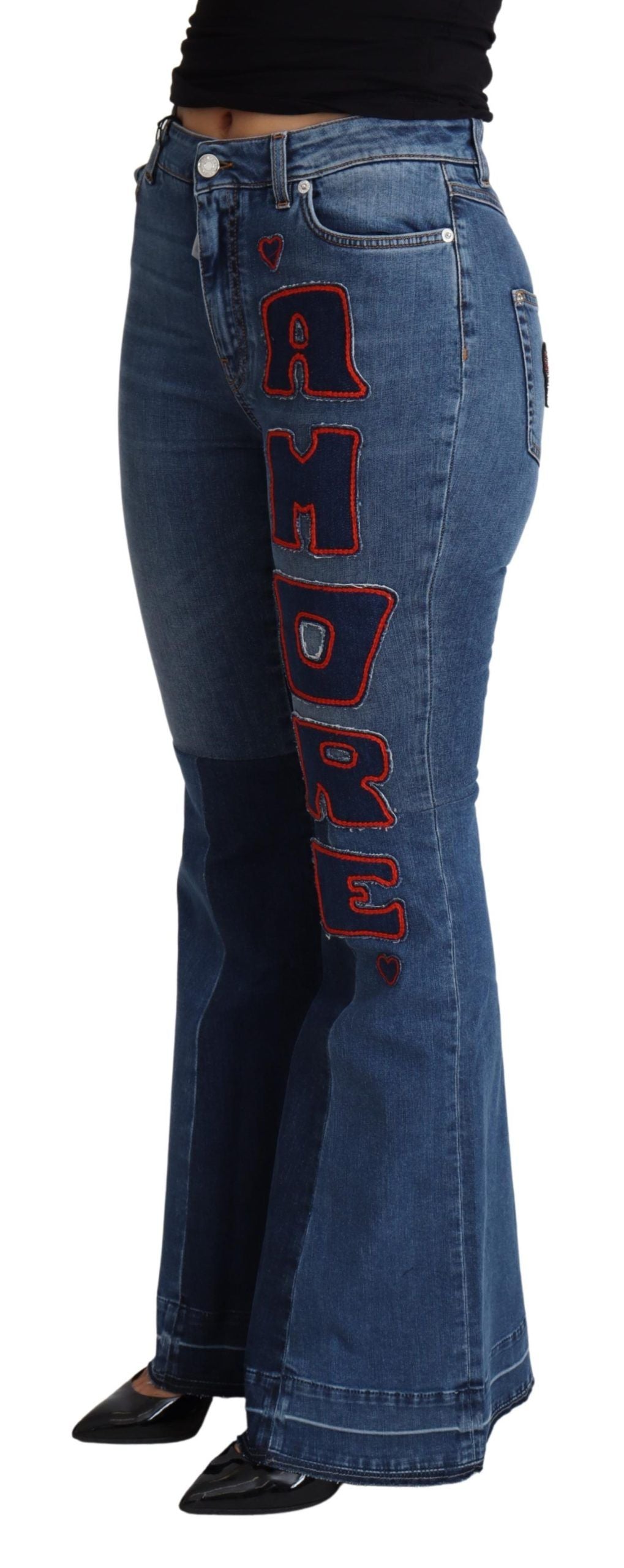 Dolce & Gabbana Blue Amore Patch Boot Cut Cotton Stretch Pant LUNESCAPE