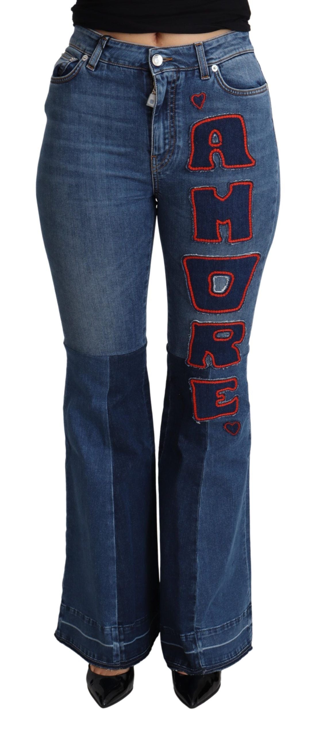 Dolce & Gabbana Blue Amore Patch Boot Cut Cotton Stretch Pant LUNESCAPE