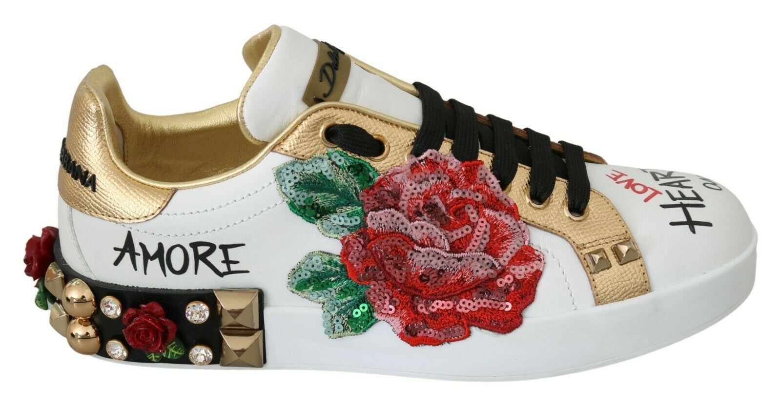Dolce & Gabbana White Roses Sequined Crystal Womens Sneakers Shoes LUNESCAPE