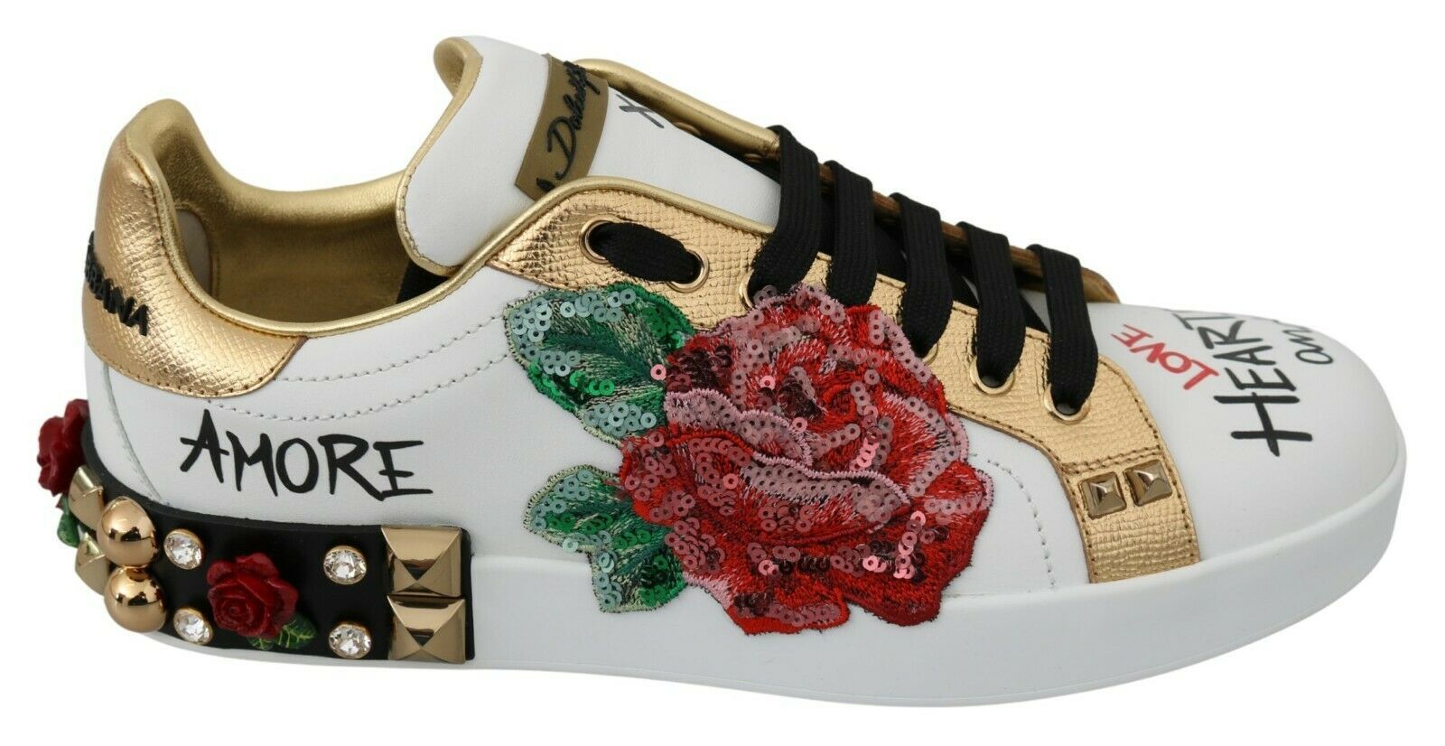 Dolce & Gabbana White Roses Sequined Crystal Womens Sneakers Shoes LUNESCAPE