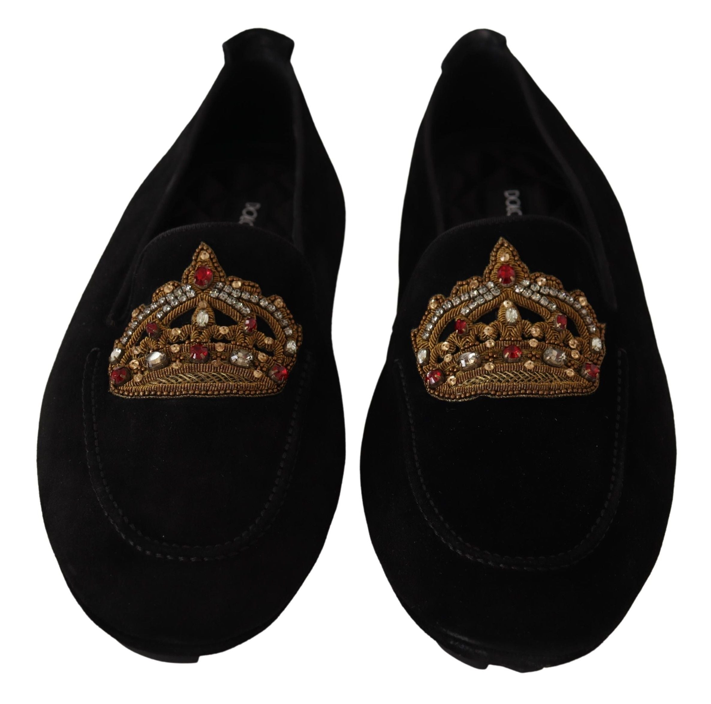 Dolce & Gabbana Black Leather Crystal Gold Crown Loafers Shoes LUNESCAPE
