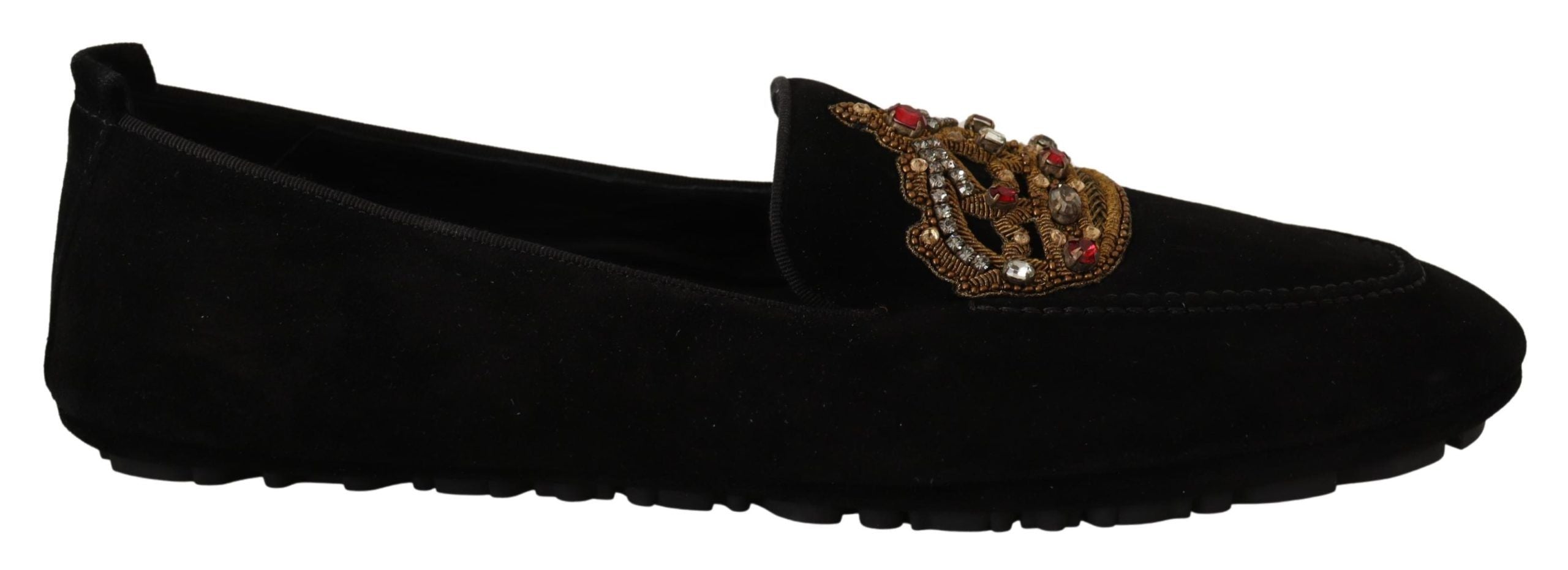 Dolce & Gabbana Black Leather Crystal Gold Crown Loafers Shoes LUNESCAPE