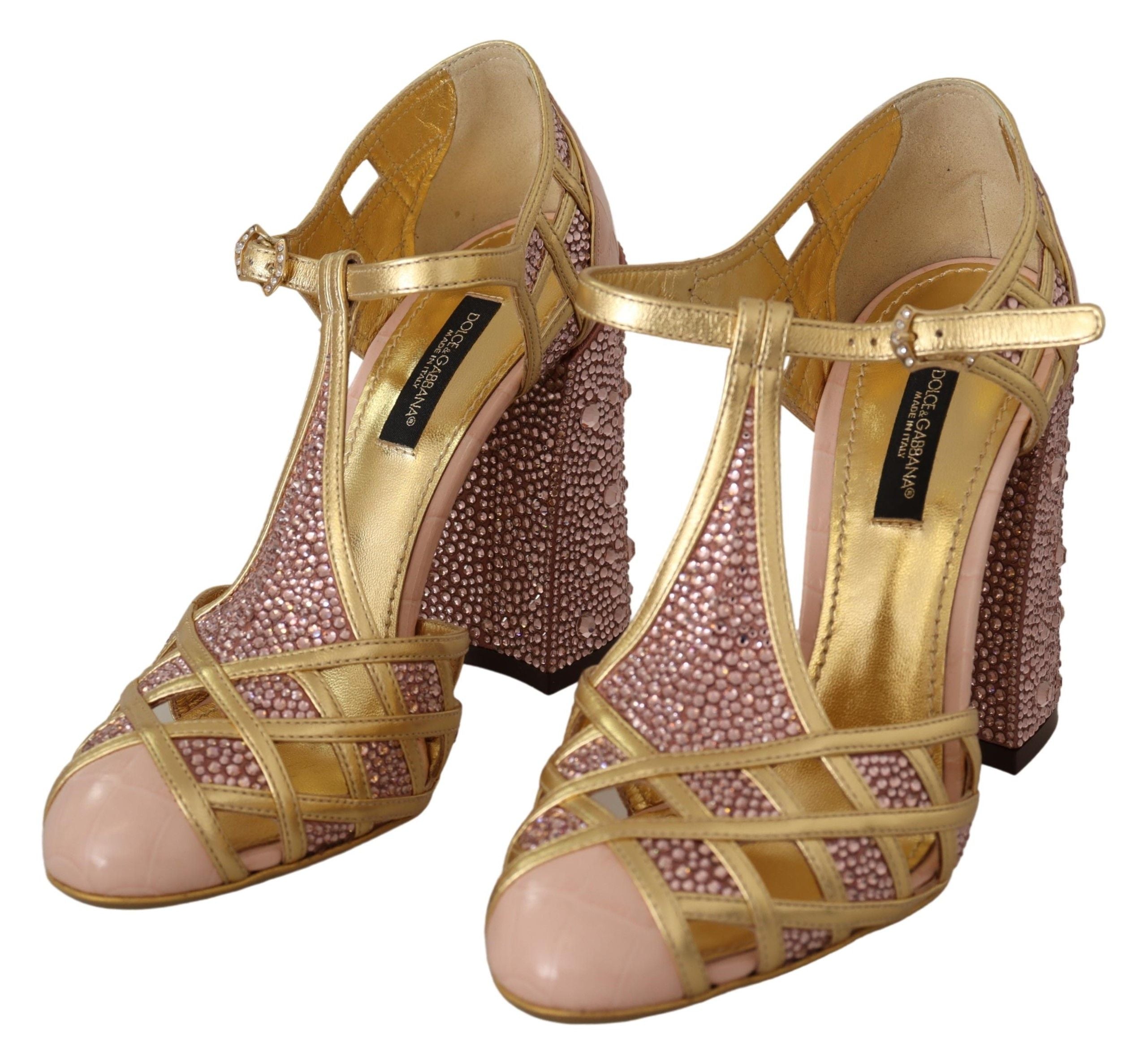 Dolce & Gabbana Pink Gold Leather Crystal Pumps T-strap Shoes LUNESCAPE