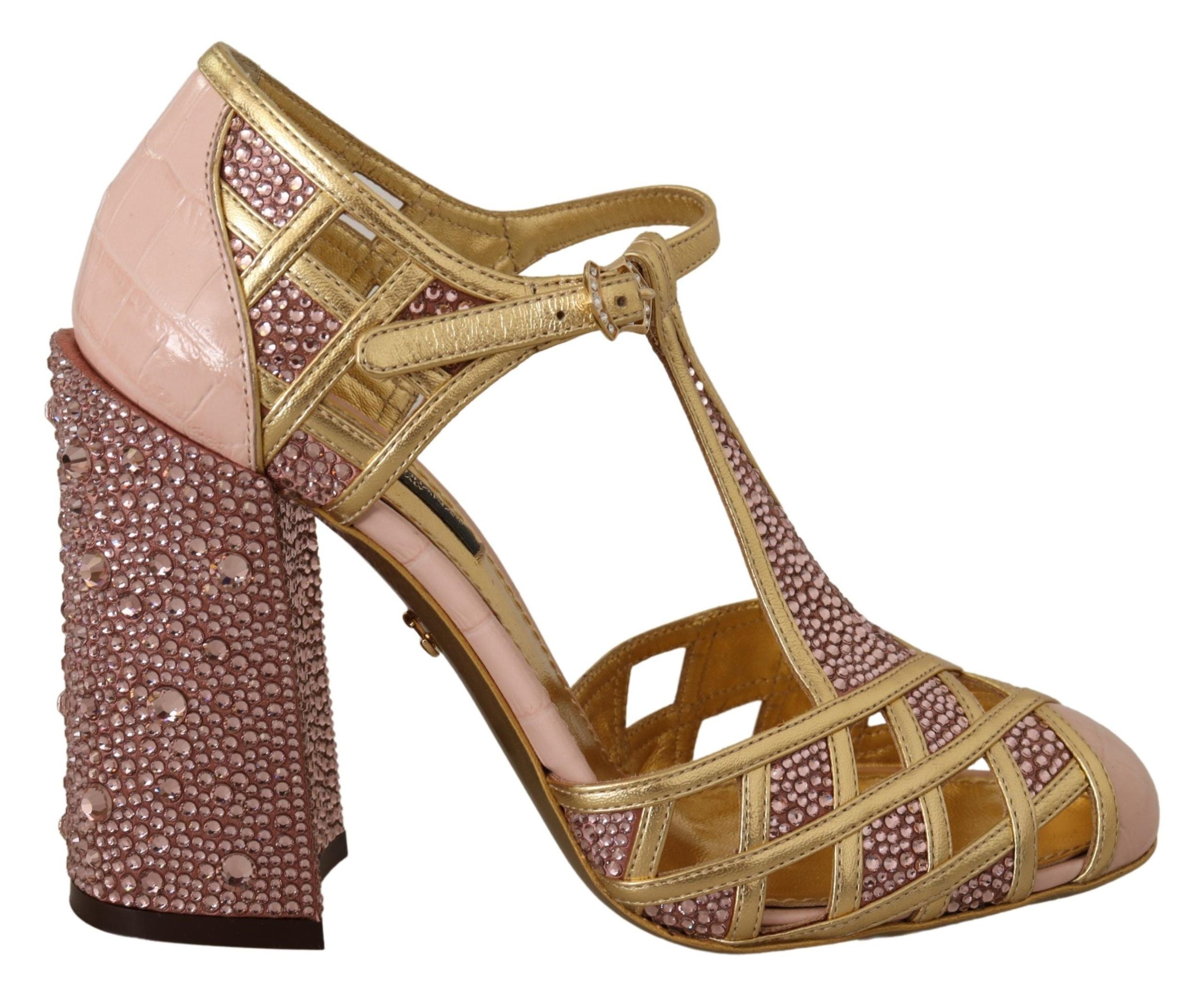 Dolce & Gabbana Pink Gold Leather Crystal Pumps T-strap Shoes LUNESCAPE