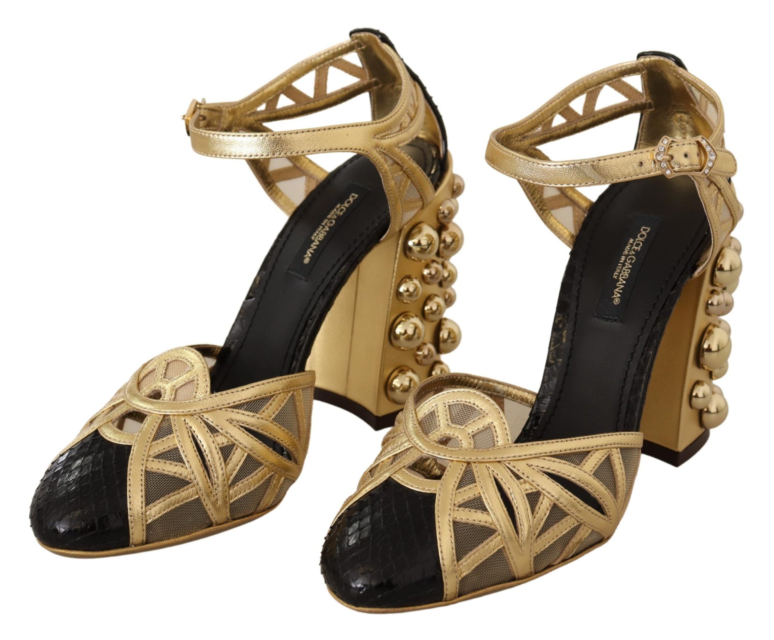 Dolce & Gabbana Black Gold Leather Studded Ankle Straps Shoes LUNESCAPE
