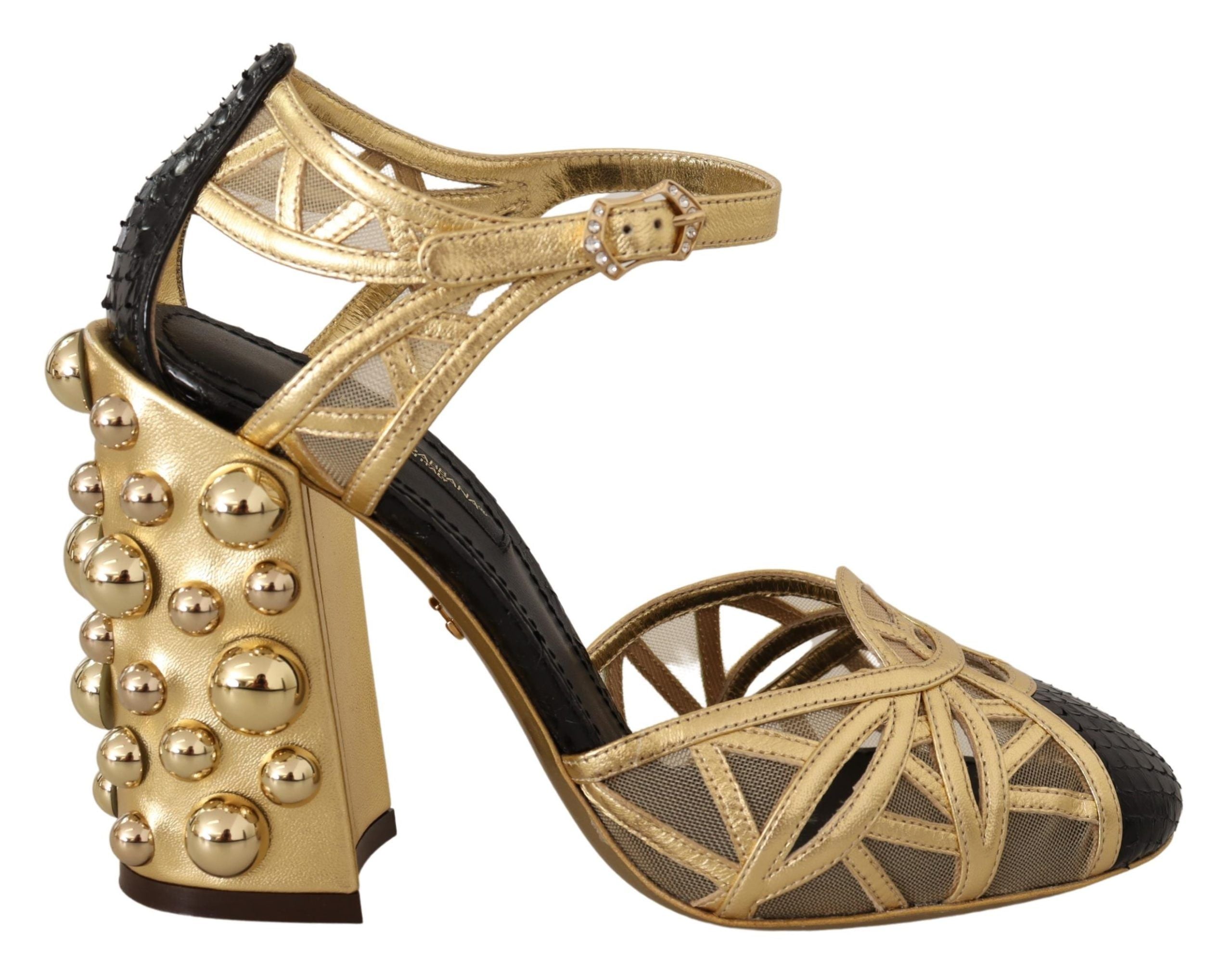 Dolce & Gabbana Black Gold Leather Studded Ankle Straps Shoes LUNESCAPE