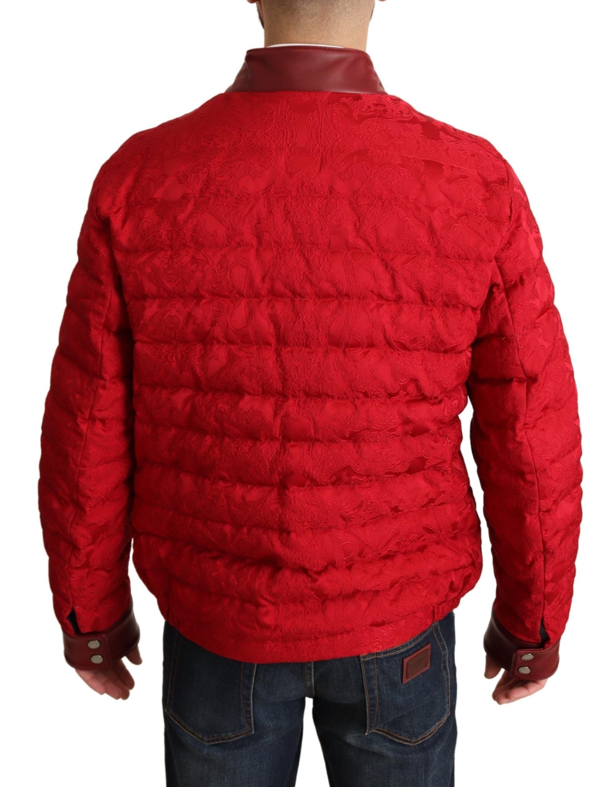 Dolce & Gabbana Red Brocade Bomber Gold Crown Logo Coat Jacket