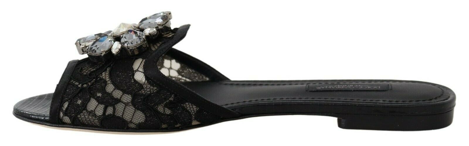 Dolce & Gabbana Black Taormina Lace Slides Crystals Flats Shoes LUNESCAPE