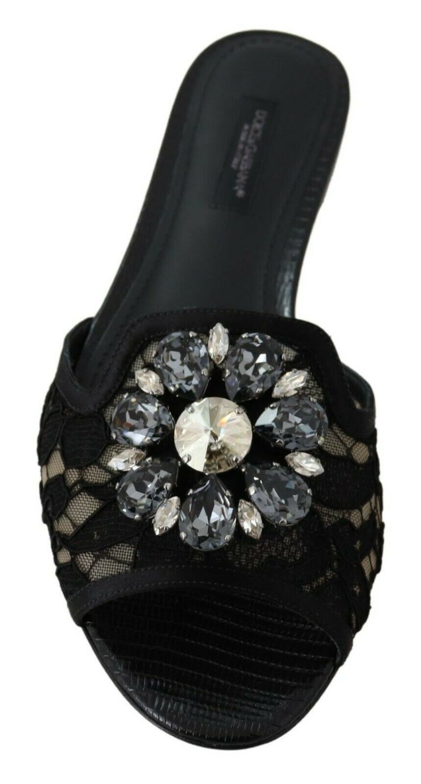 Dolce & Gabbana Black Taormina Lace Slides Crystals Flats Shoes LUNESCAPE