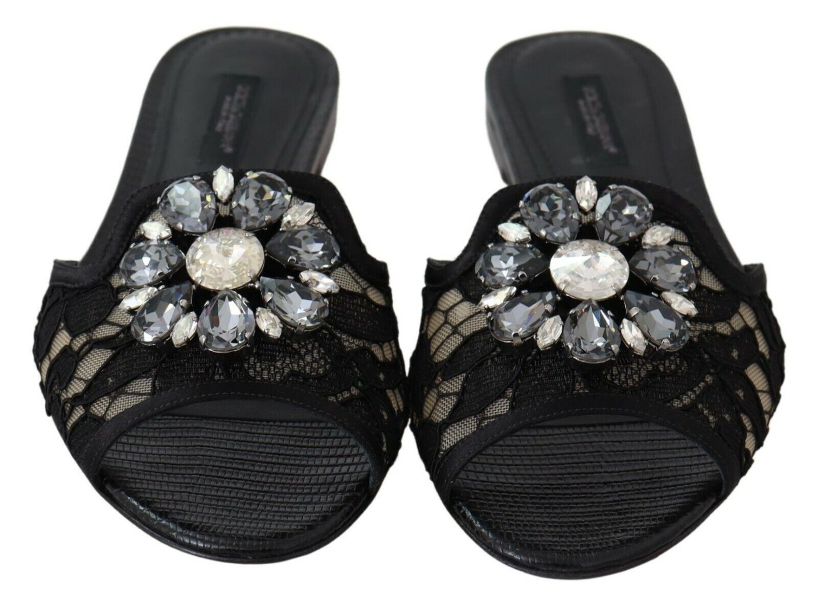 Dolce & Gabbana Black Taormina Lace Slides Crystals Flats Shoes LUNESCAPE