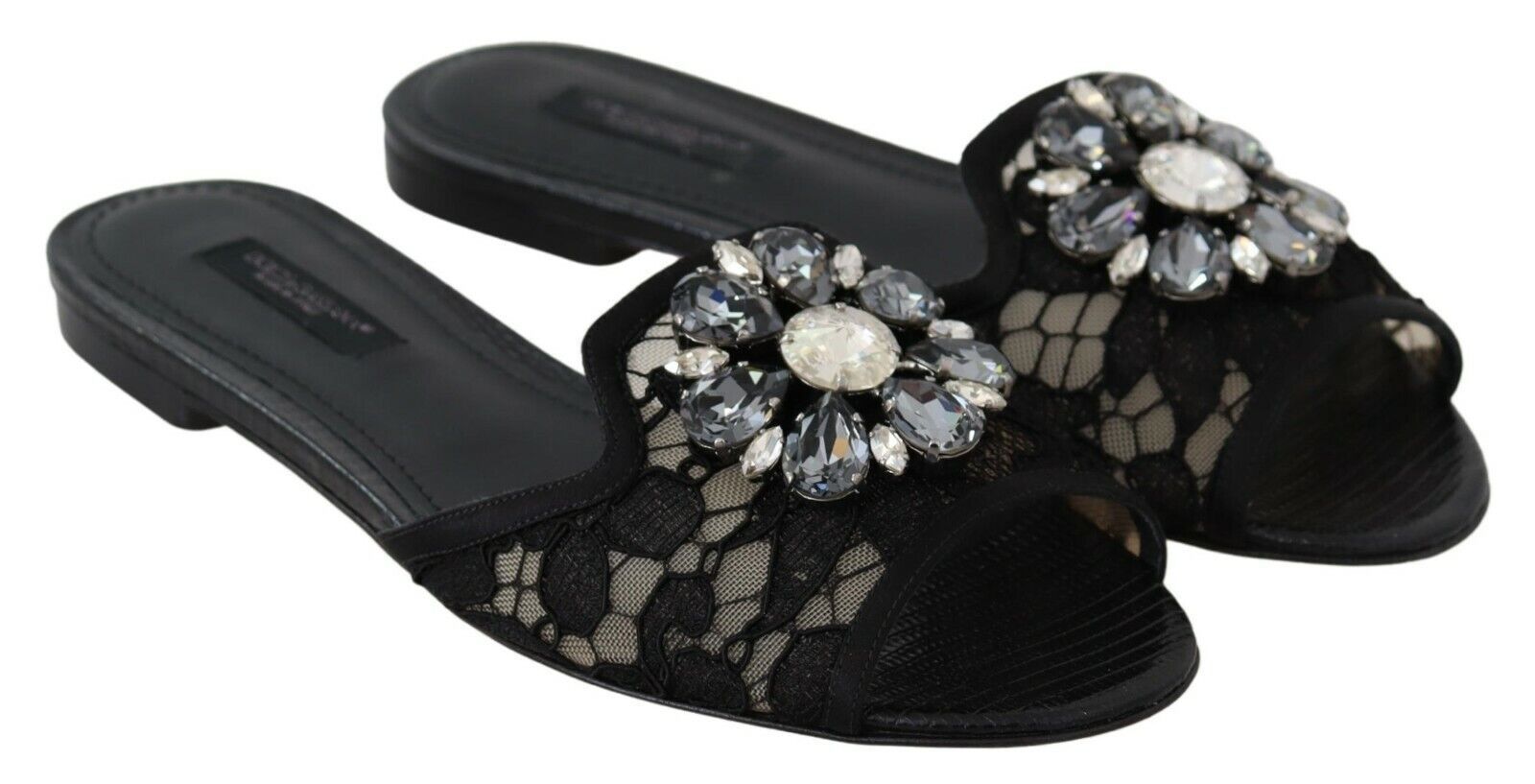 Dolce & Gabbana Black Taormina Lace Slides Crystals Flats Shoes LUNESCAPE