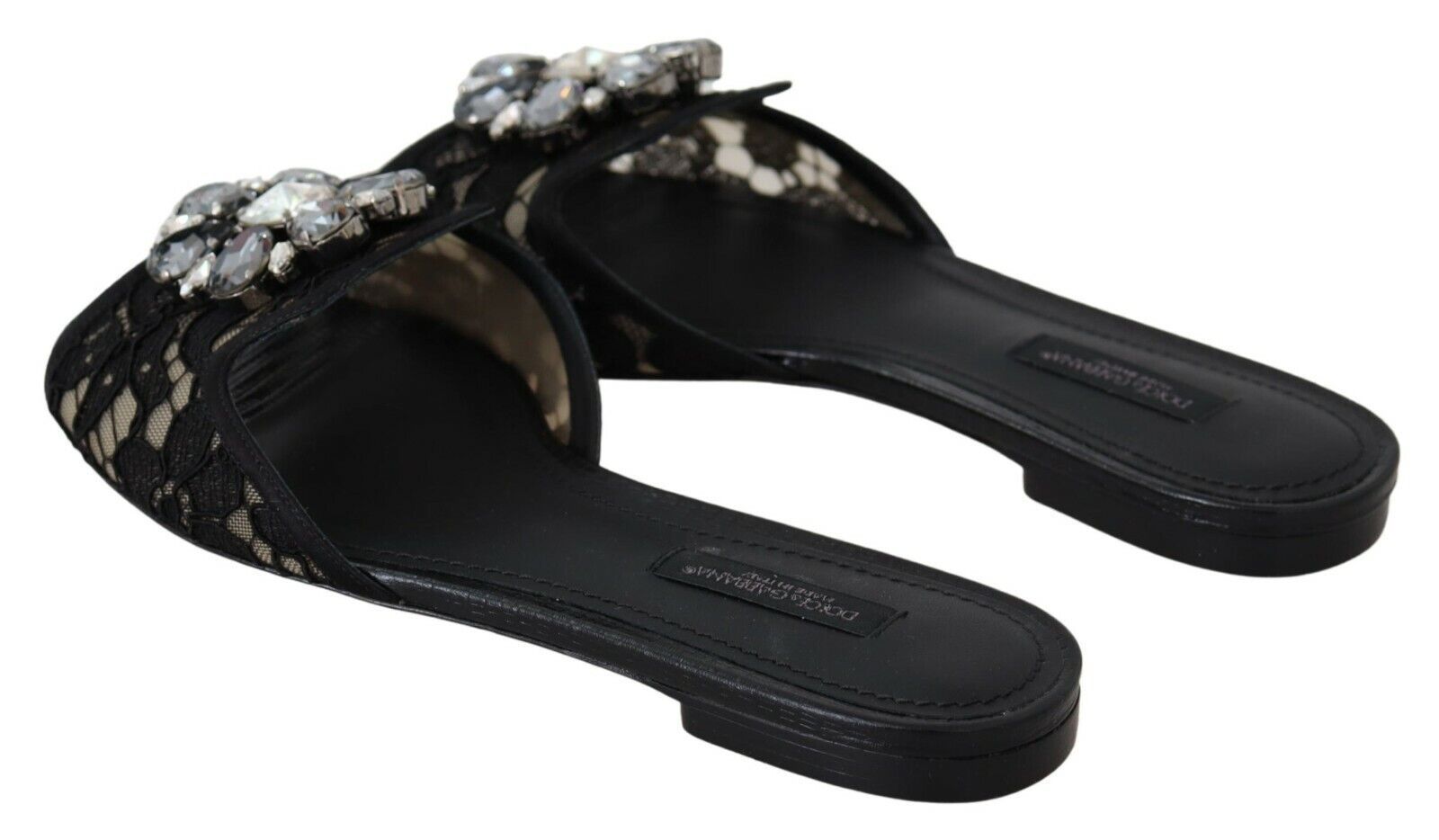 Dolce & Gabbana Black Taormina Lace Slides Crystals Flats Shoes LUNESCAPE