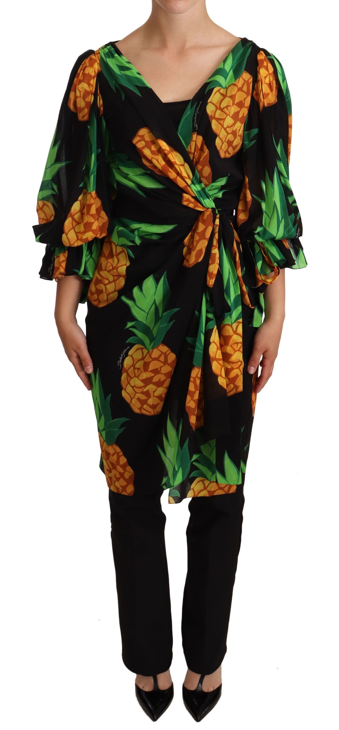 Dolce & Gabbana Black Ananas Print Wrap Stretch Silk Dress LUNESCAPE