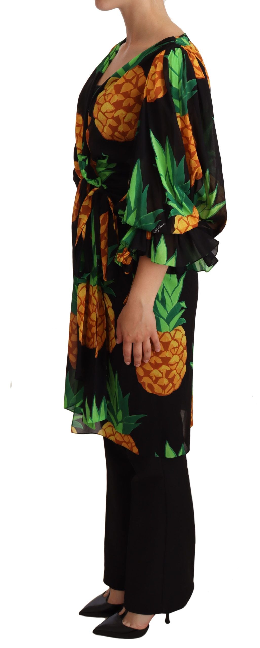 Dolce & Gabbana Black Ananas Print Wrap Stretch Silk Dress LUNESCAPE