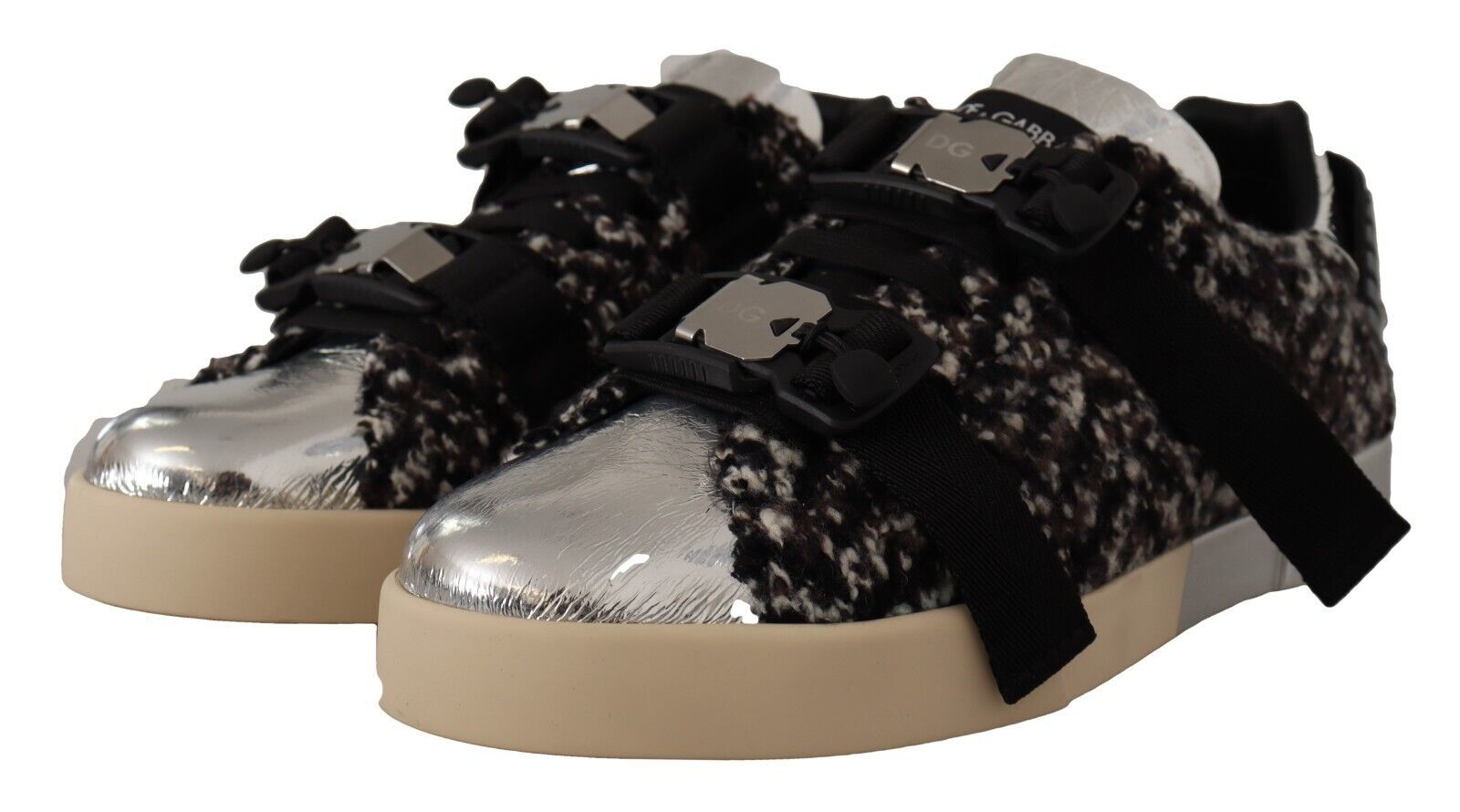 Dolce & Gabbana Silver Leather Brown Cotton Wool Sneakers Shoes LUNESCAPE