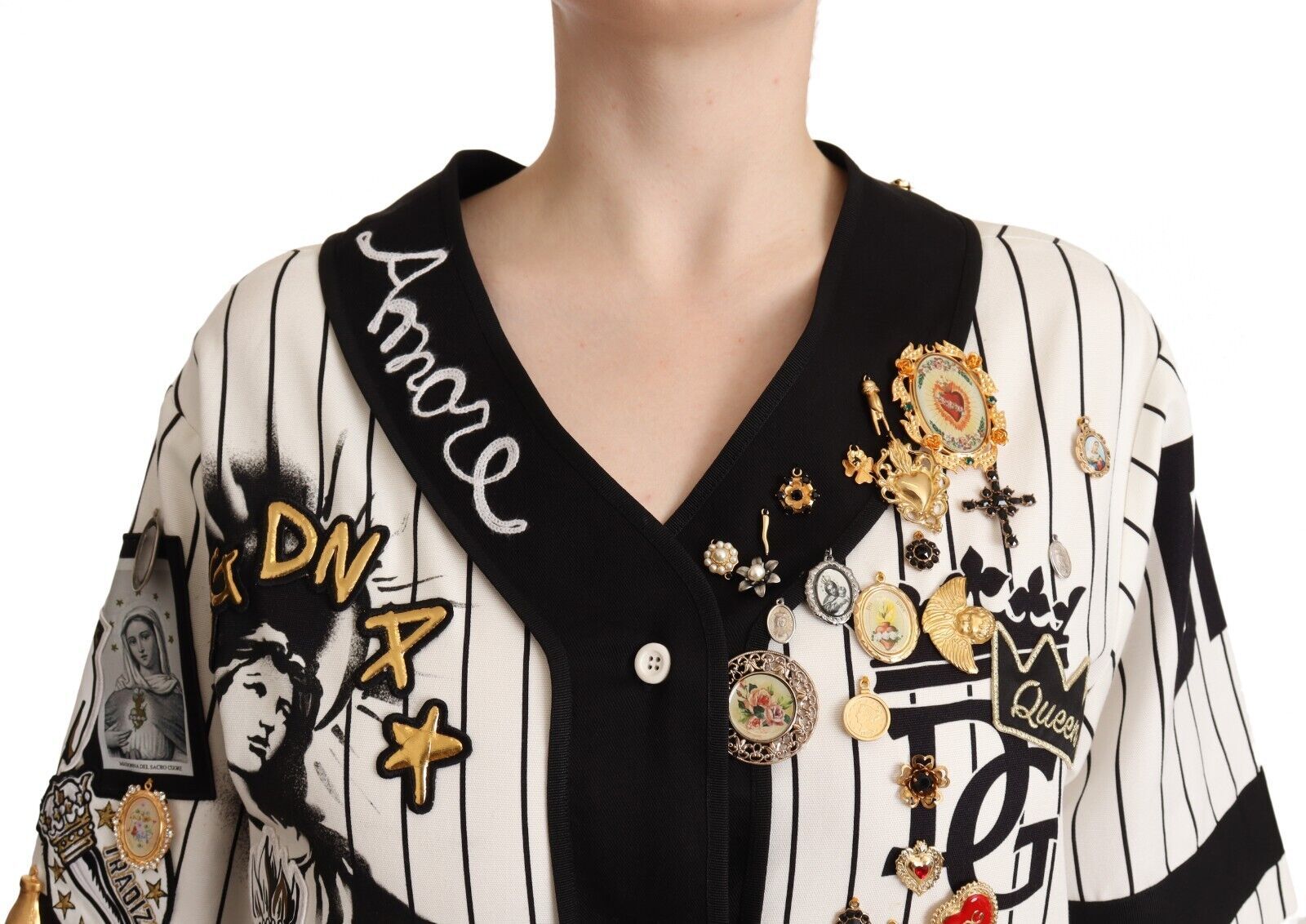 Dolce & Gabbana Elegant Striped V-Neck Blouse with Charms LUNESCAPE