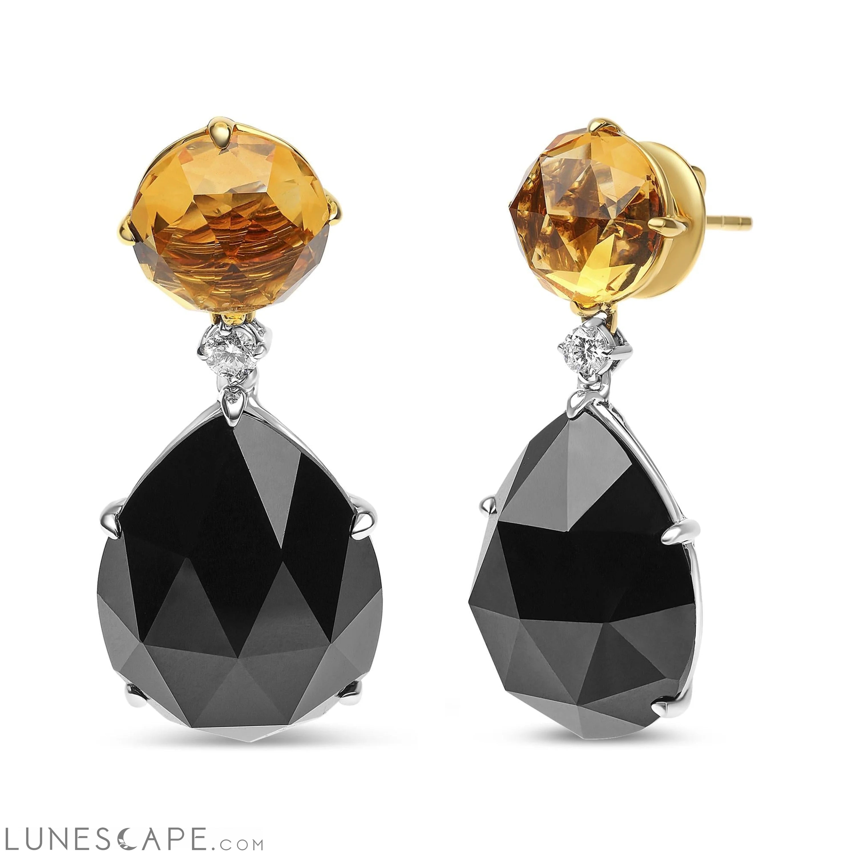 18K White and Yellow Gold 1/5 Cttw Diamond With Round Yellow Citrine and 20x15mm Pear Cut Black Onyx Dangle Earrings LUNESCAPE